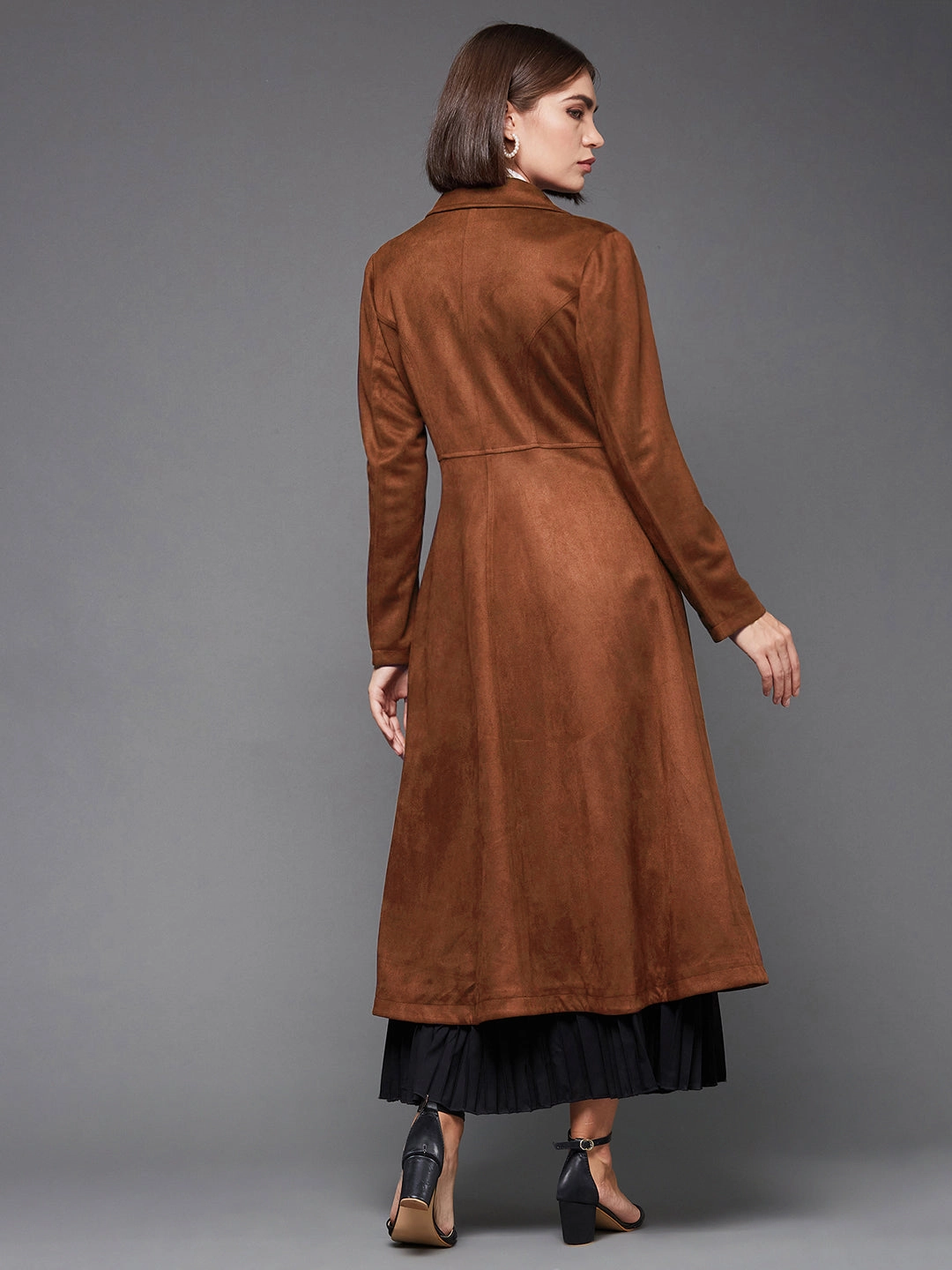 Women's Brown Solid V-Neck Full Sleeves Side Pocketed Polyester Double Breasted Longline Blazer Jacket Adjustable Belt