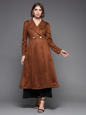 QuickRelease Buckles Women's Brown Solid V-Neck Full Sleeves Side Pocketed Polyester Double Breasted Longline Blazer Jacket