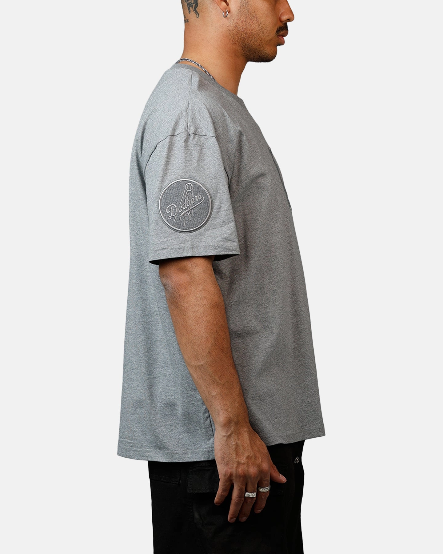 Pro Standard Los Angeles Dodgers Reverse French Terry T-Shirt Grey ReinforcedHem Linen Blend Fabric