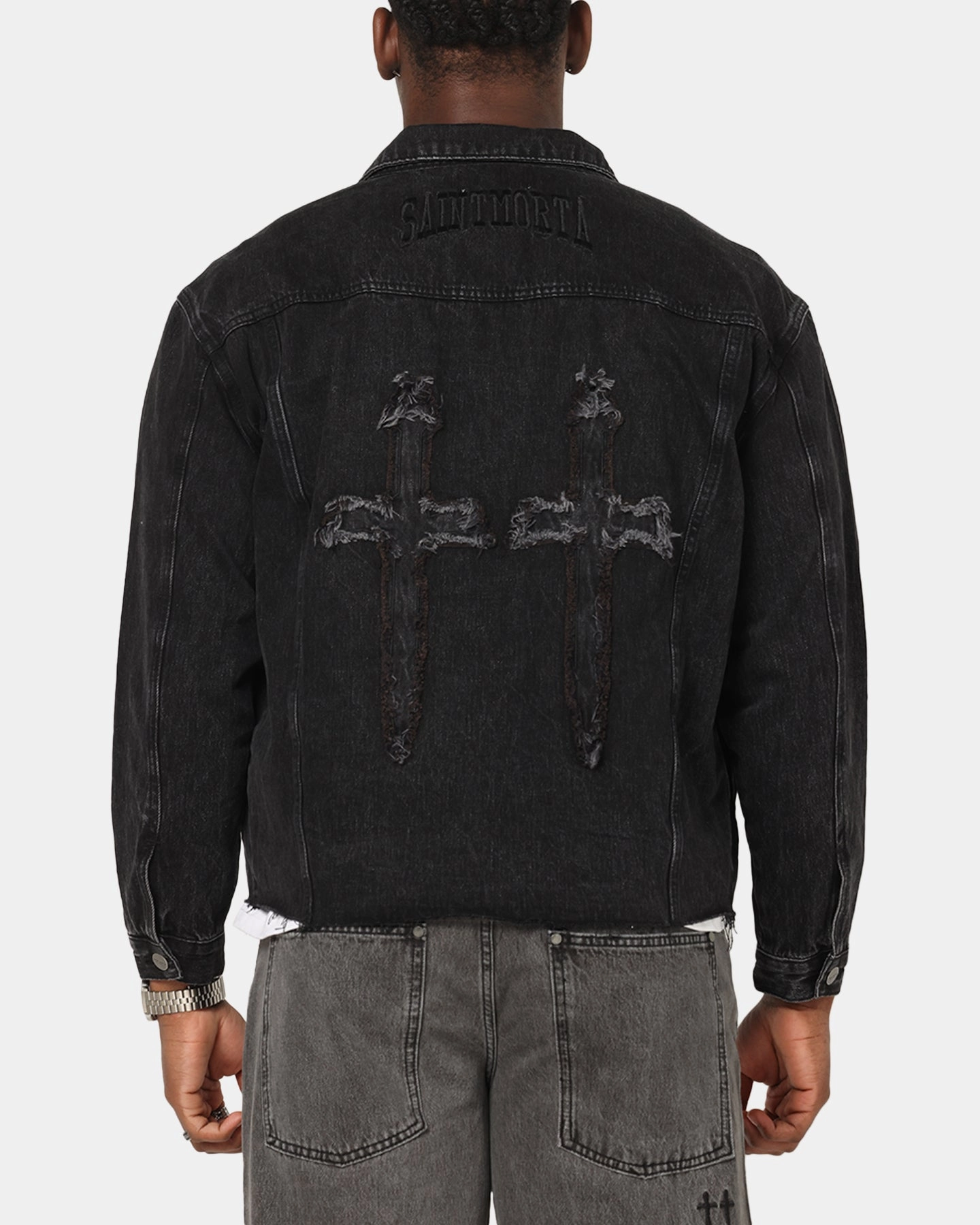 Saint Morta Daggers Cutoff Denim Jacket Vintage Black Smooth Finish