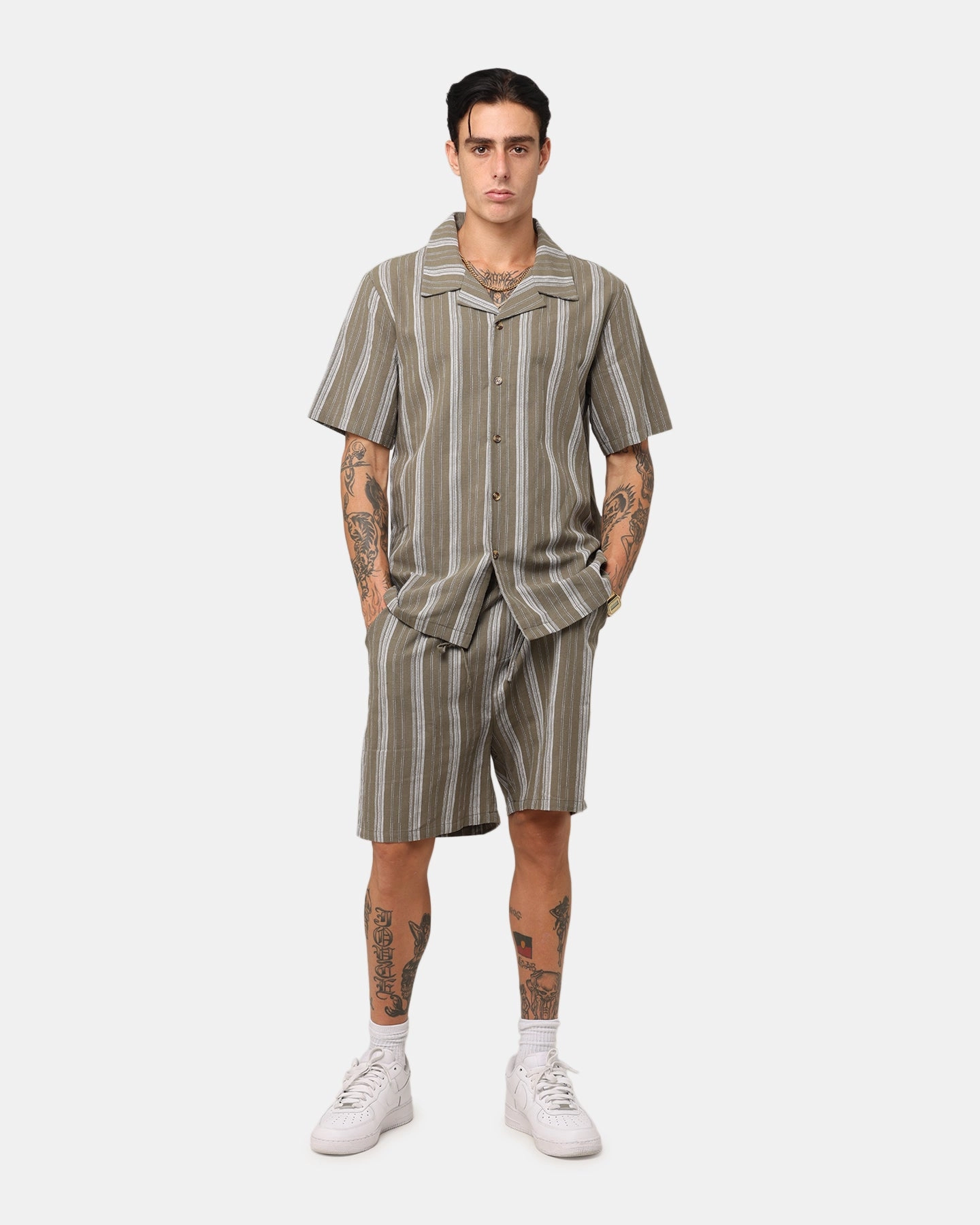 XXIII Condesa Linen Button Up Shirt Olive Ergonomic Shoulder Cut Minimalist Detailing