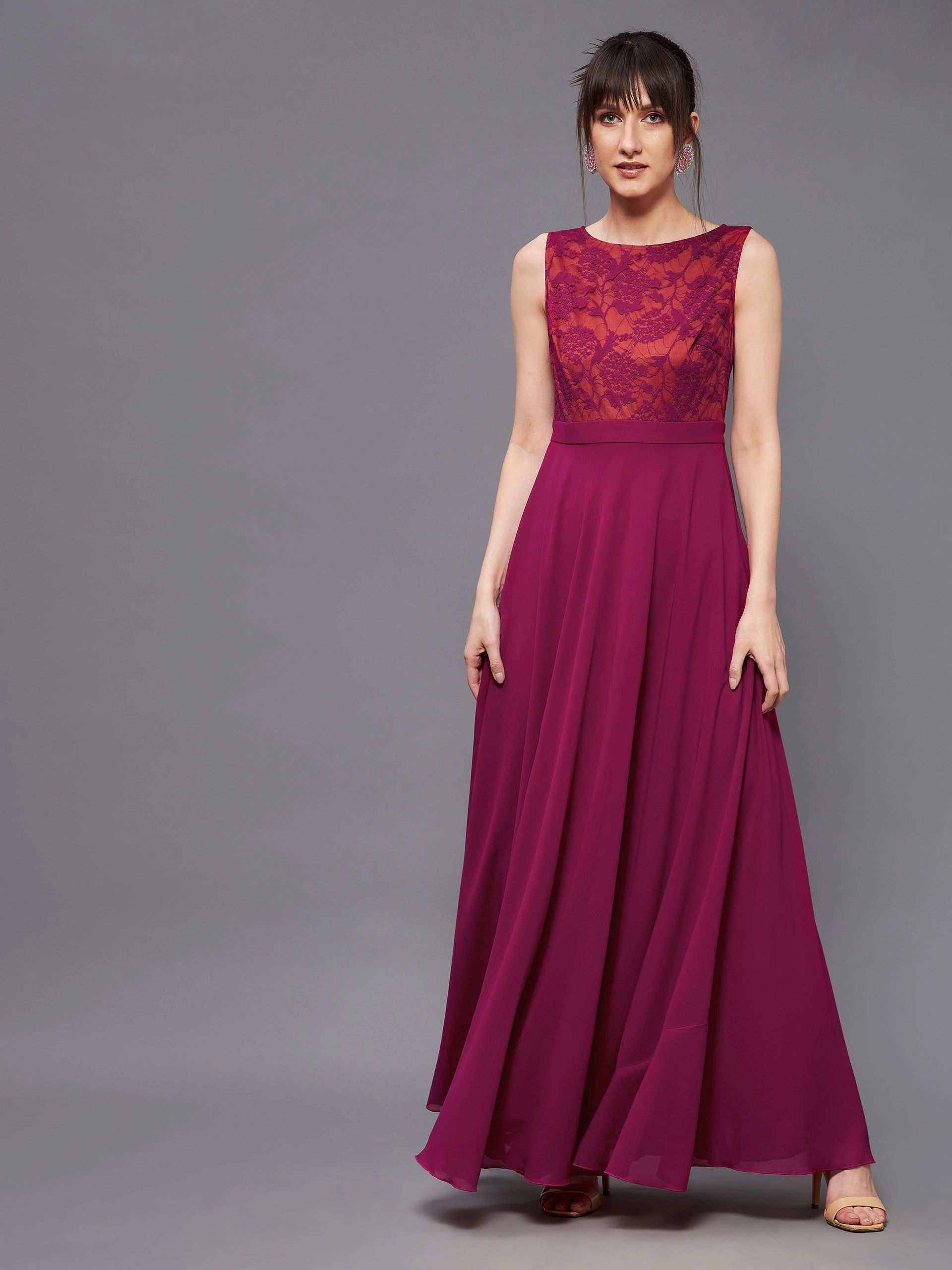 Women's Dark Pink & Rust Boat Neck Sleeveless Self Design Lace Overlaid Regular Dress Lightweight Feel Luxe style