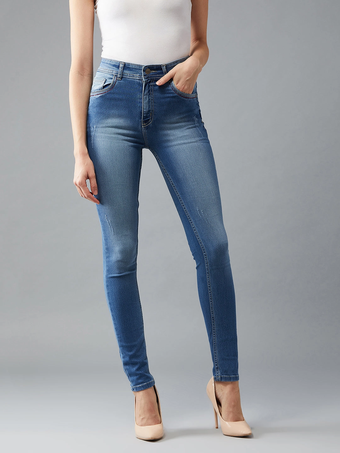 24/7 Comfort Blue Skinny-Fit High-Rise Stretchable Denim Jeans Nature Lover Party Look Secure Closure System