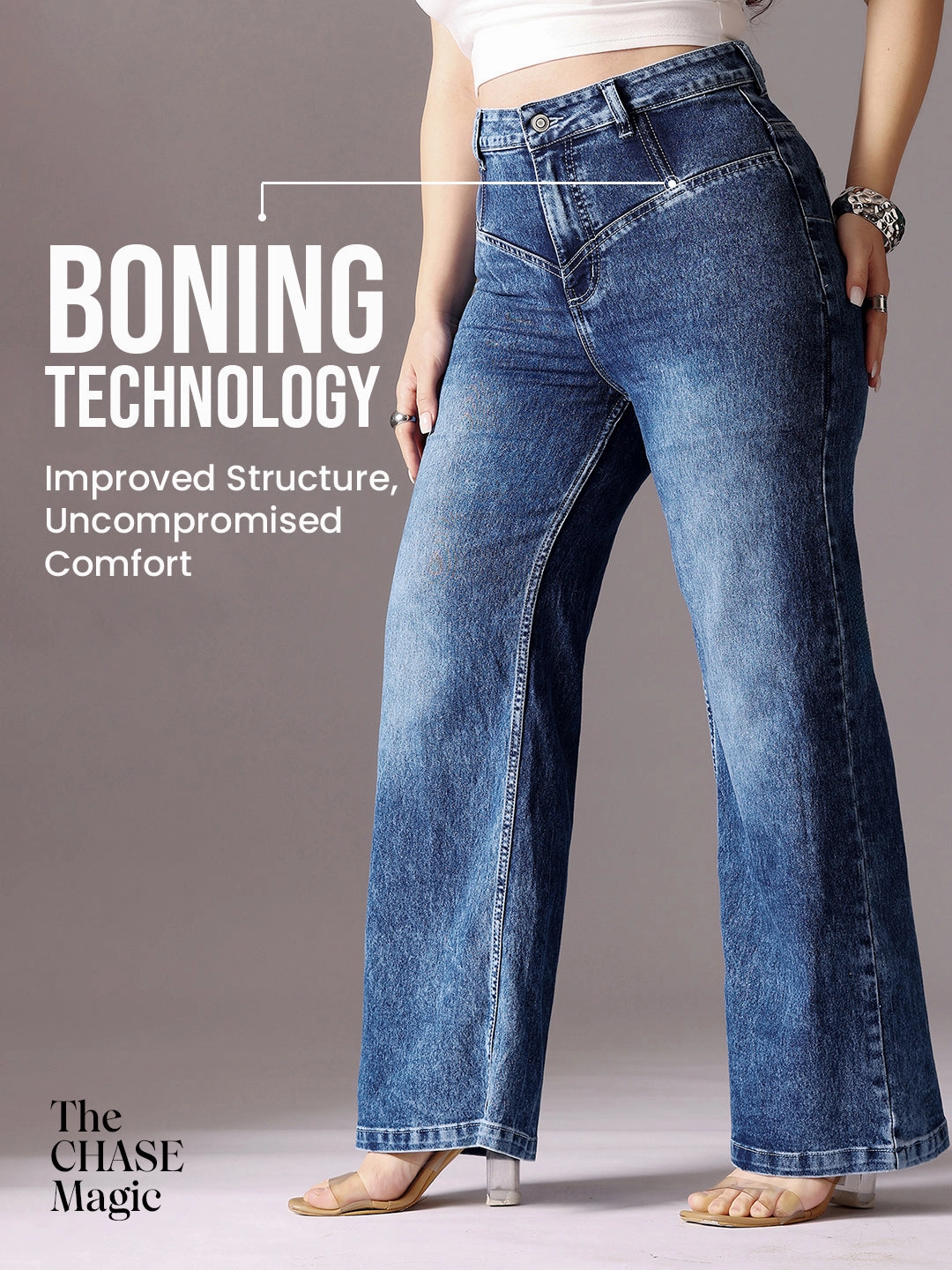 True Fit Stylish Fit CHASEshape? Mid-Blue Wide-Leg High-Rise Clean-Look Stretchable Denim Jeans