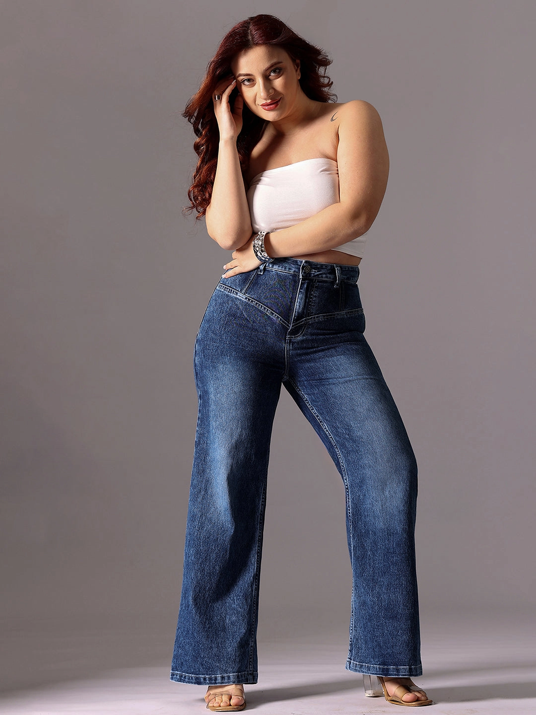 All Round Piece Comfy Wear CHASEshape? Mid-Blue Wide-Leg High-Rise Clean-Look Stretchable Denim Jeans