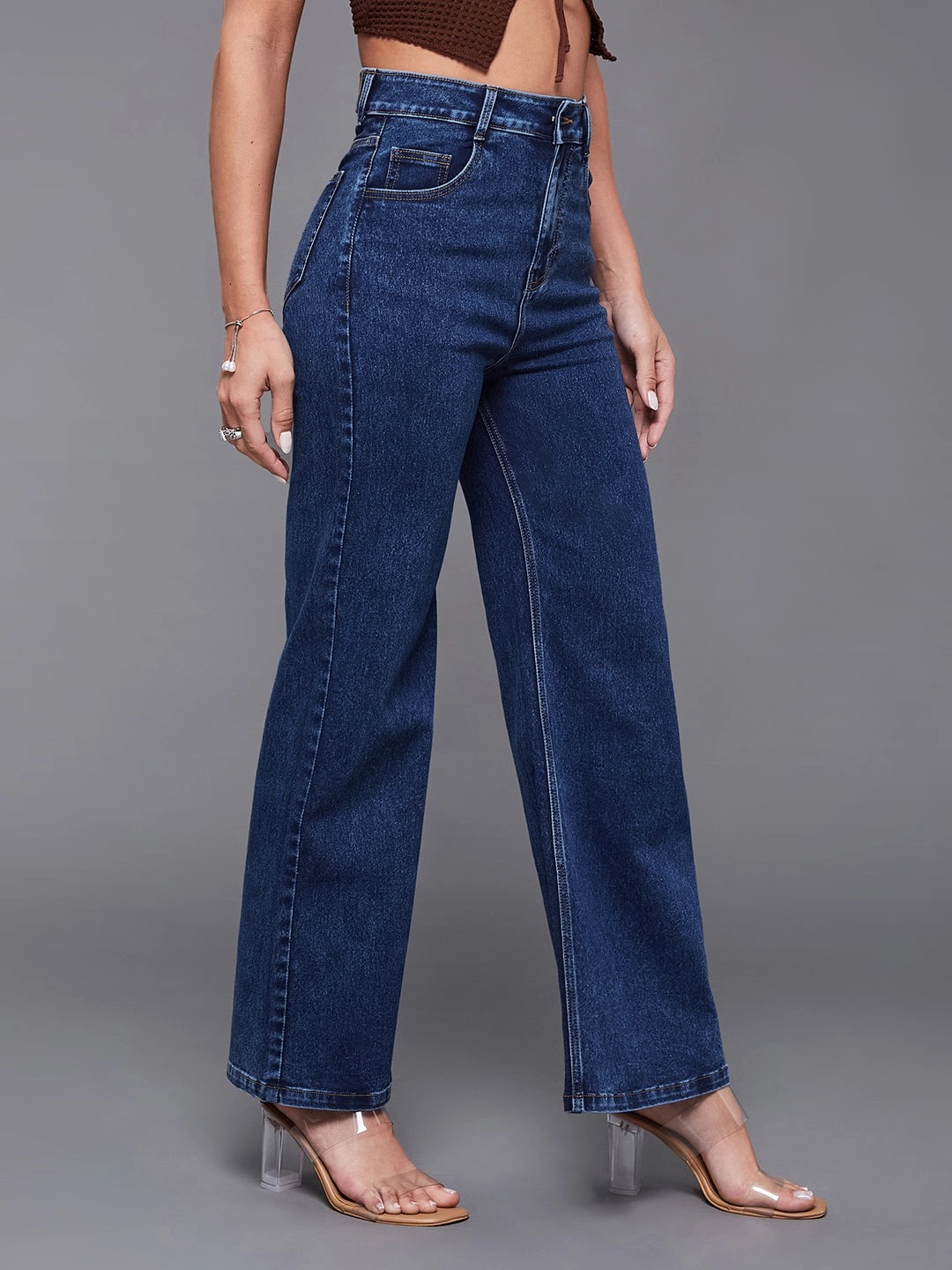 Solid Choice Premium Cotton Blend 24/7 Comfort Mid-Blue Wide-Leg High-Rise Clean-Look Regular-Length Stretchable Denim Jeans