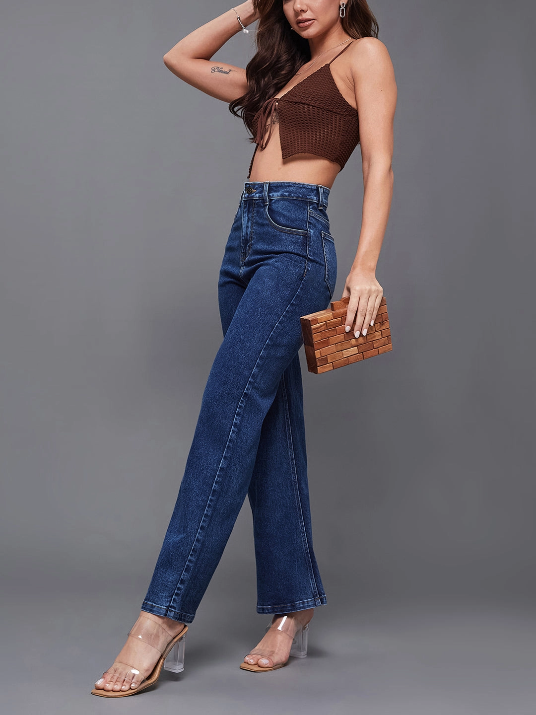 Seamless Waistband Finish Festival Outfit Comfy 24/7 Comfort Mid-Blue Wide-Leg High-Rise Clean-Look Regular-Length Stretchable Denim Jeans