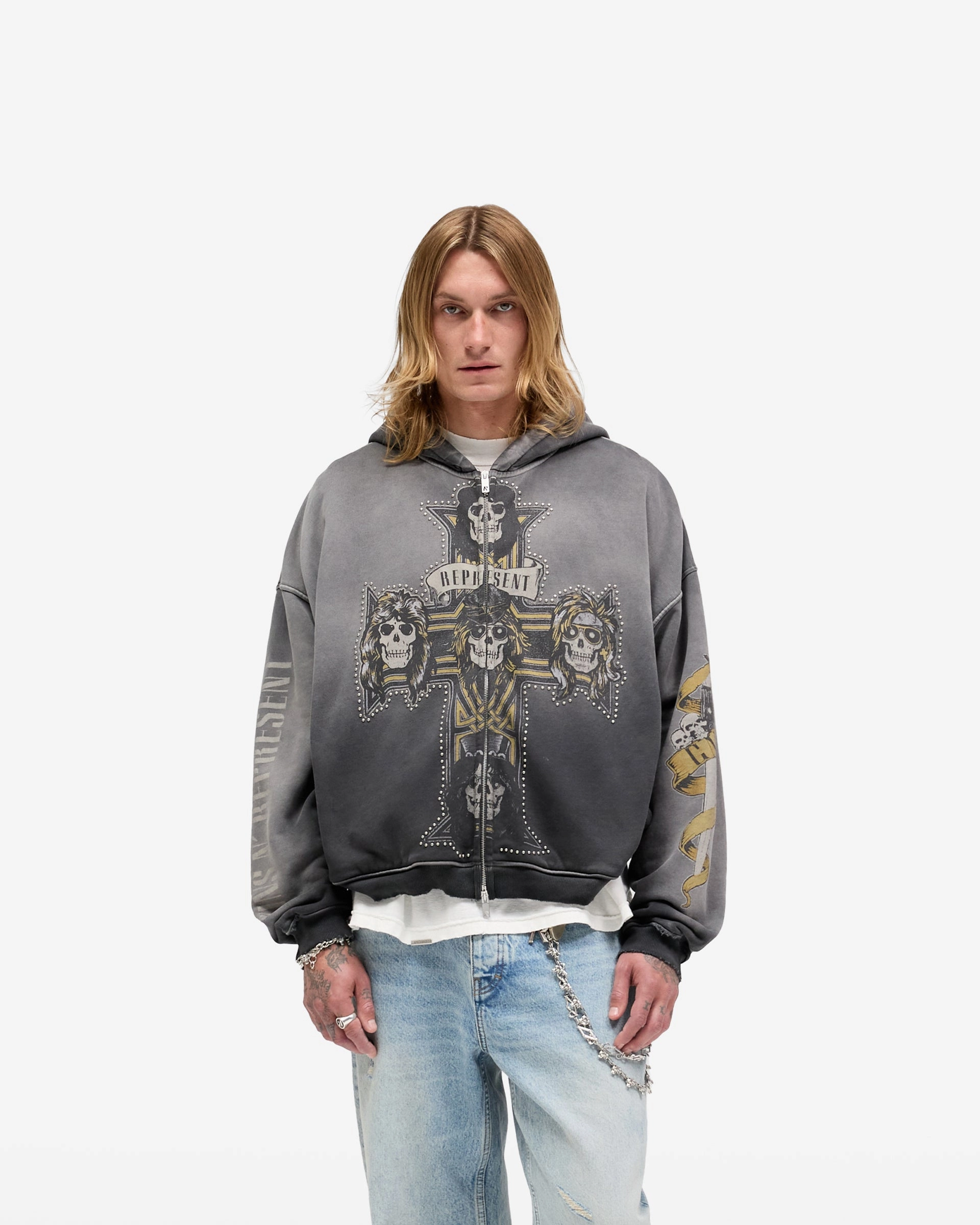 minimalistic Represent X Guns N' Roses Cross Zip Through Hoodie - Stained Black