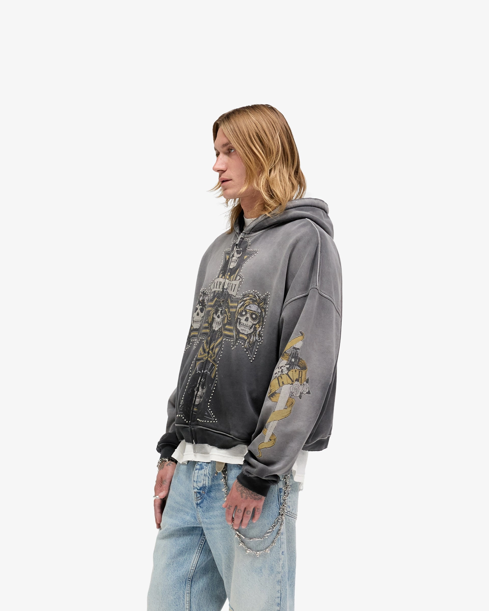 Durable Reinforced Hood Fit Movement Represent X Guns N' Roses Cross Zip Through Hoodie - Stained Black