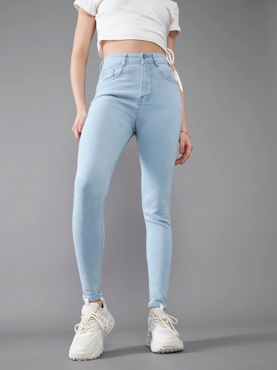 Women's Light Blue Skinny High-Rise Distressed Ice-Wash Denim Jeans Family Style Casual Work Meeting