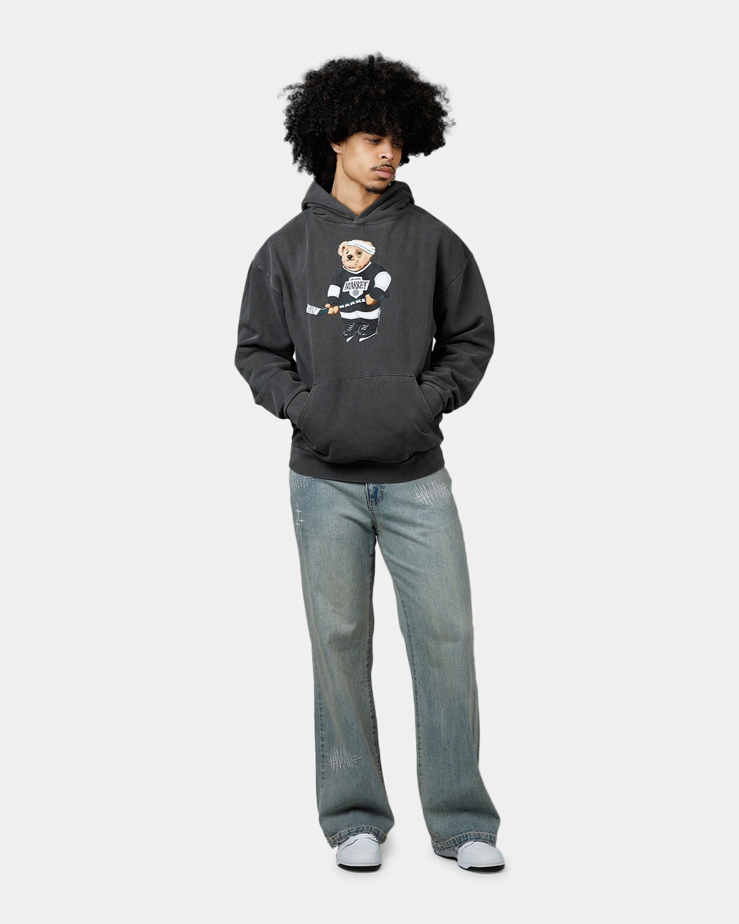 Oversized Fit FrictionReducing Market Hockey Bear Hoodie Washed Black