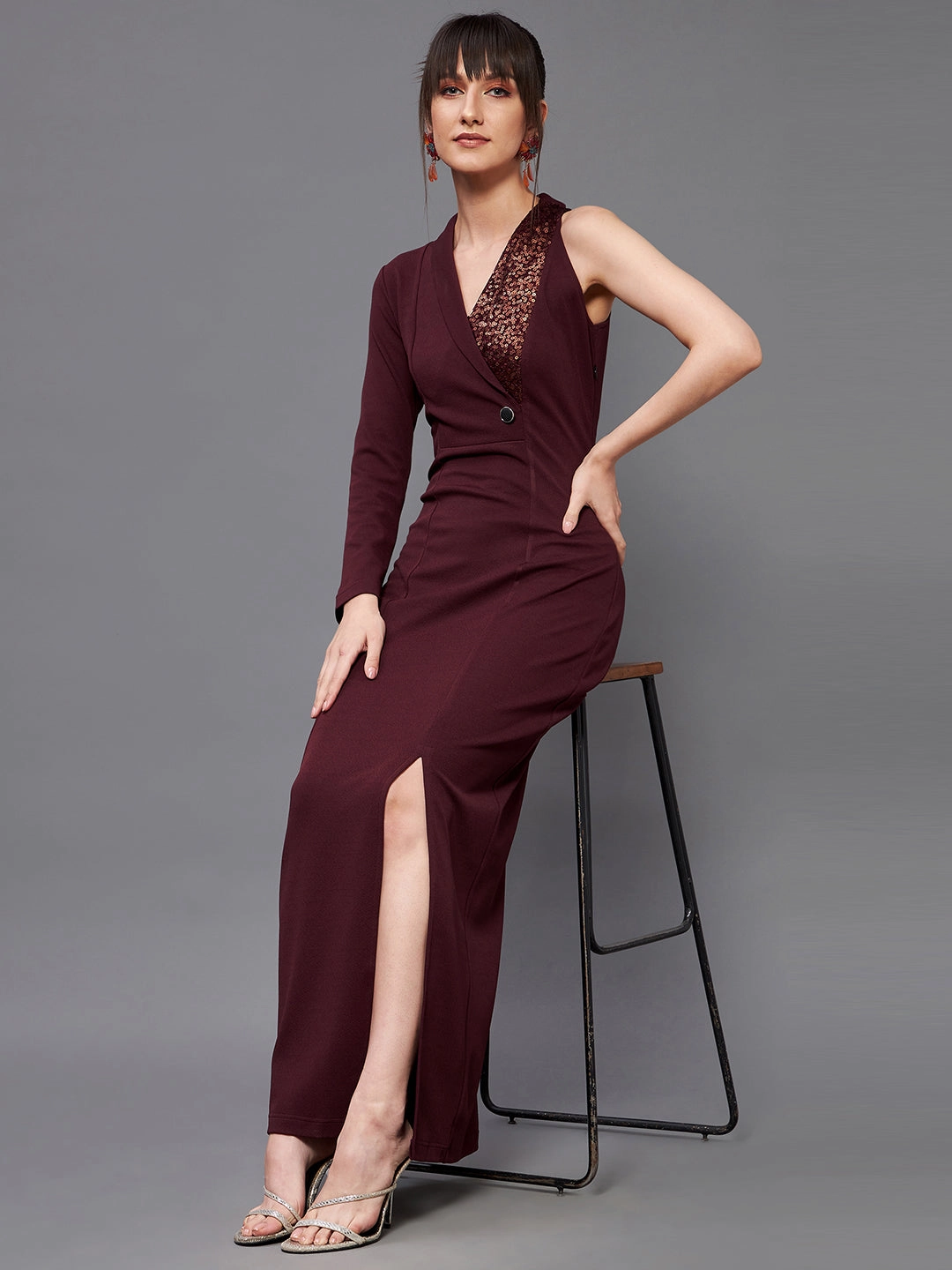 plus-size Flexible Waist Crease Ease Women's Wine Asymmetric Sleeve Sequined Party Blazer Slit Maxi Dress