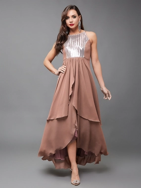 OdorControlTreatment Women's Multicolored-Base-Dusty Peach Halter Neck Sleeveless Embellished Layered Georgette Maxi Dress