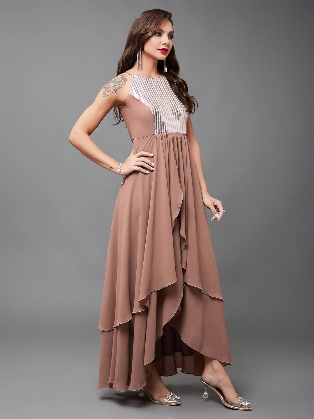 Women's Multicolored-Base-Dusty Peach Halter Neck Sleeveless Embellished Layered Georgette Maxi Dress Elegant Look Easy Vibe
