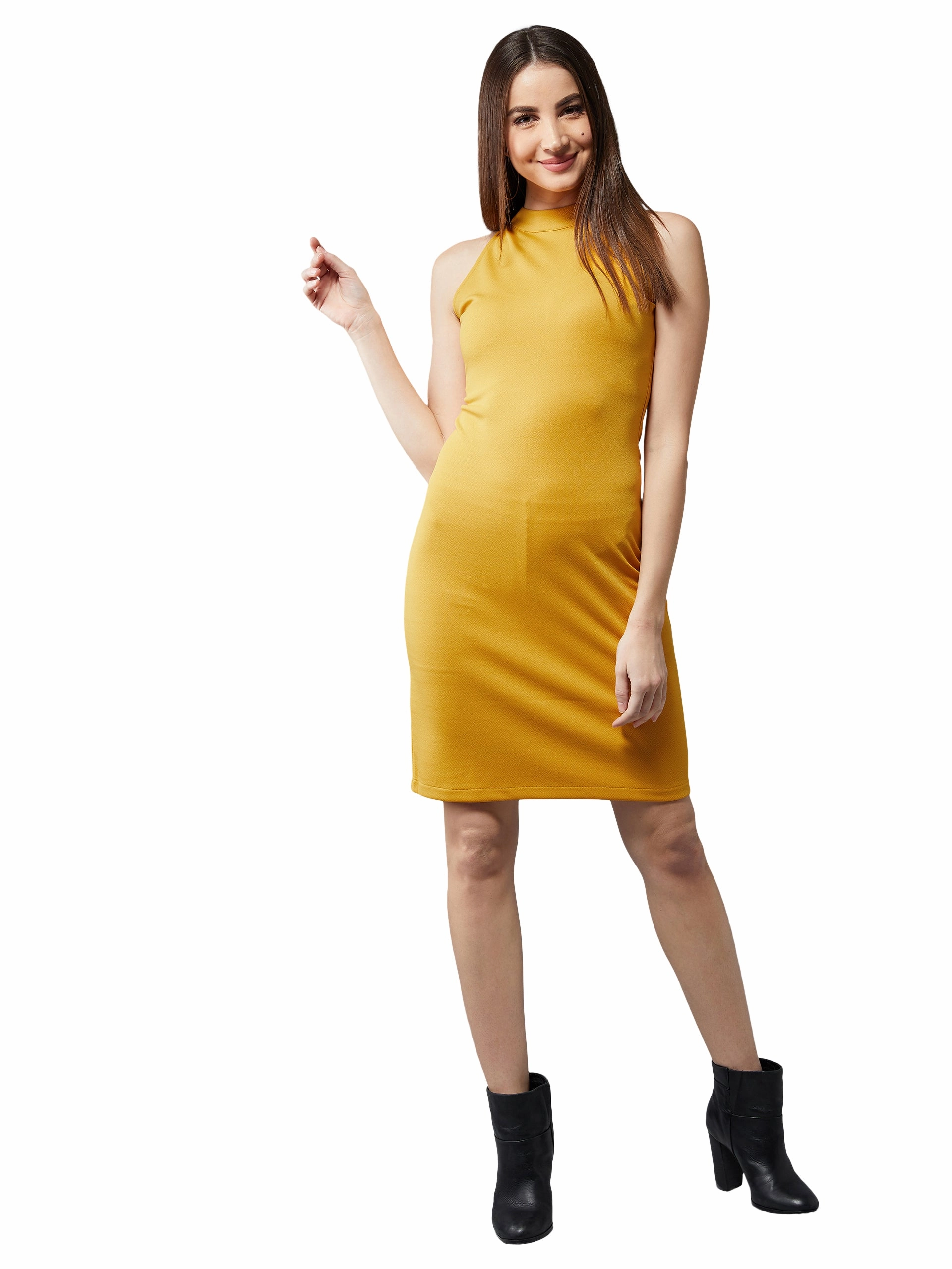Calm Lines Guest Shine Women's Mustard Round Neck Sleeveless Solid Bodycon Knee Long Dress