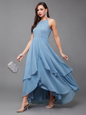 Women's Powder Blue Halter-Neck Sleeveless Embroidered Layered Georgette Maxi Dress Outfit Boost Love Blend