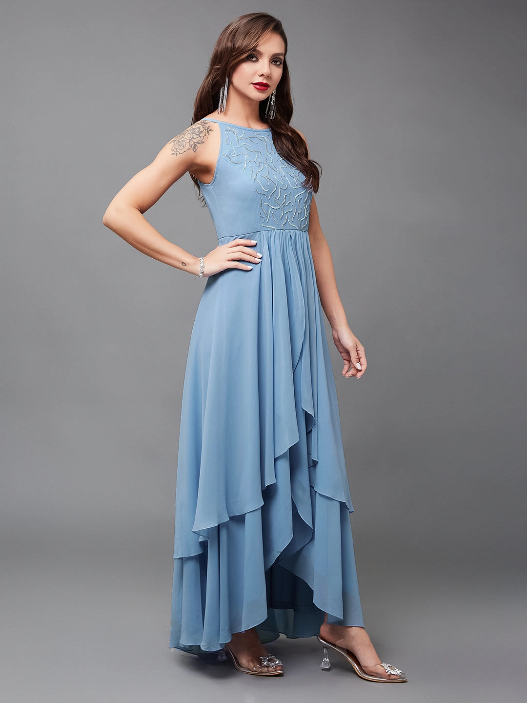 Women's Powder Blue Halter-Neck Sleeveless Embroidered Layered Georgette Maxi Dress Party Safe