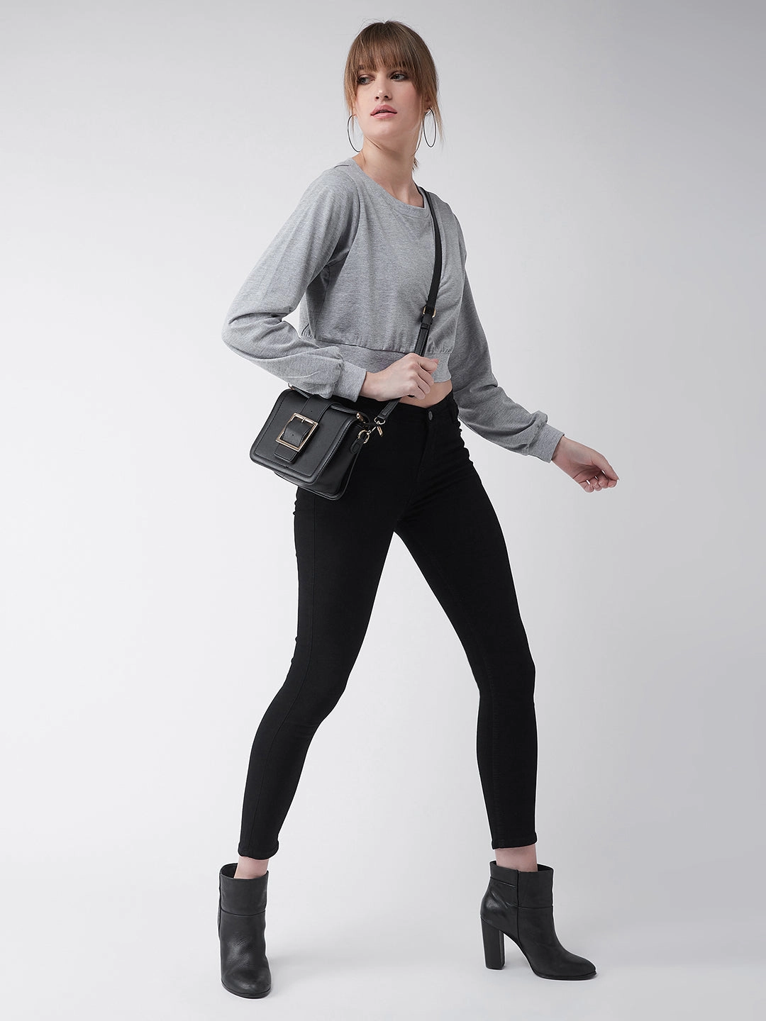 Women's Grey Round Neck Full Sleeves Solid Crop Top PlushLining