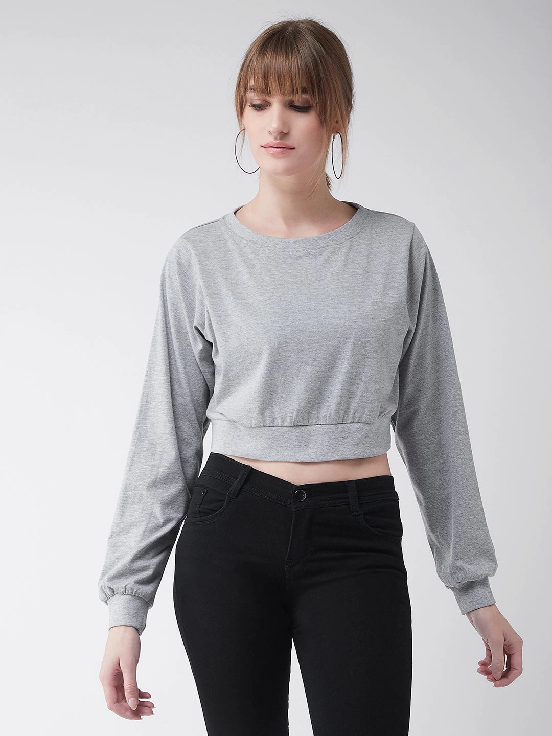 Women's Grey Round Neck Full Sleeves Solid Crop Top Butter Soft Handfeel