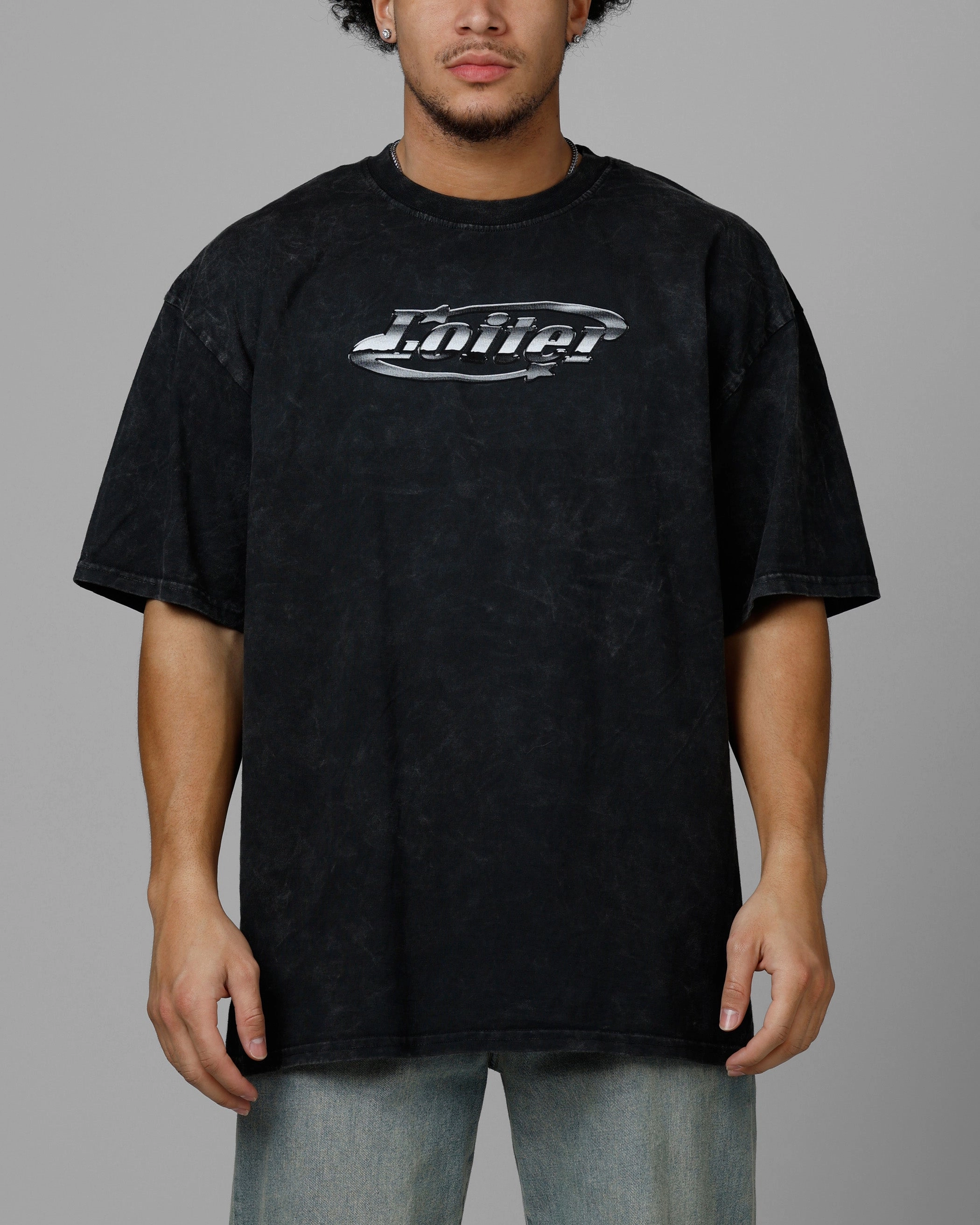 Loiter Chrome Logo T-Shirt Black Acidwash Tear Resistant wrinkle free finish