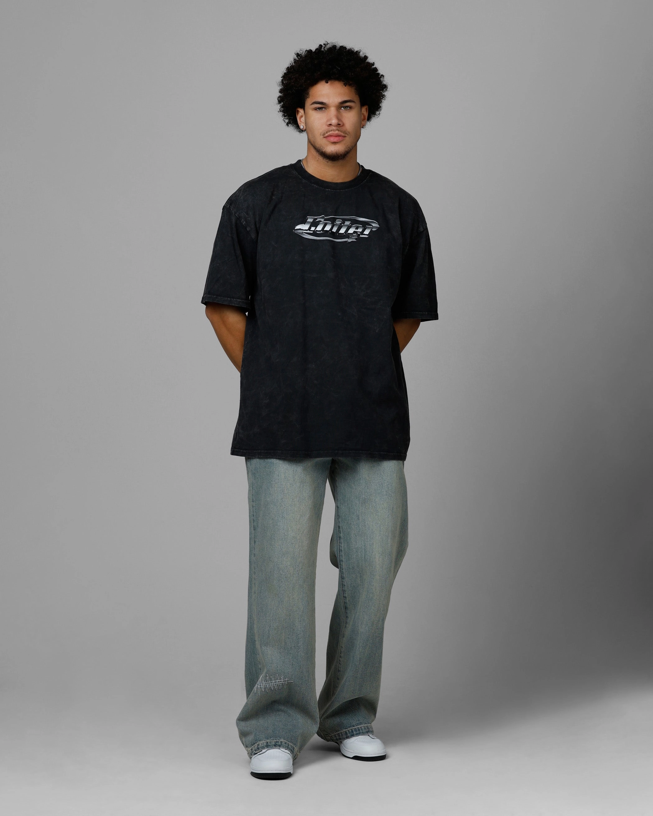 WaffleWeave Loiter Chrome Logo T-Shirt Black Acidwash