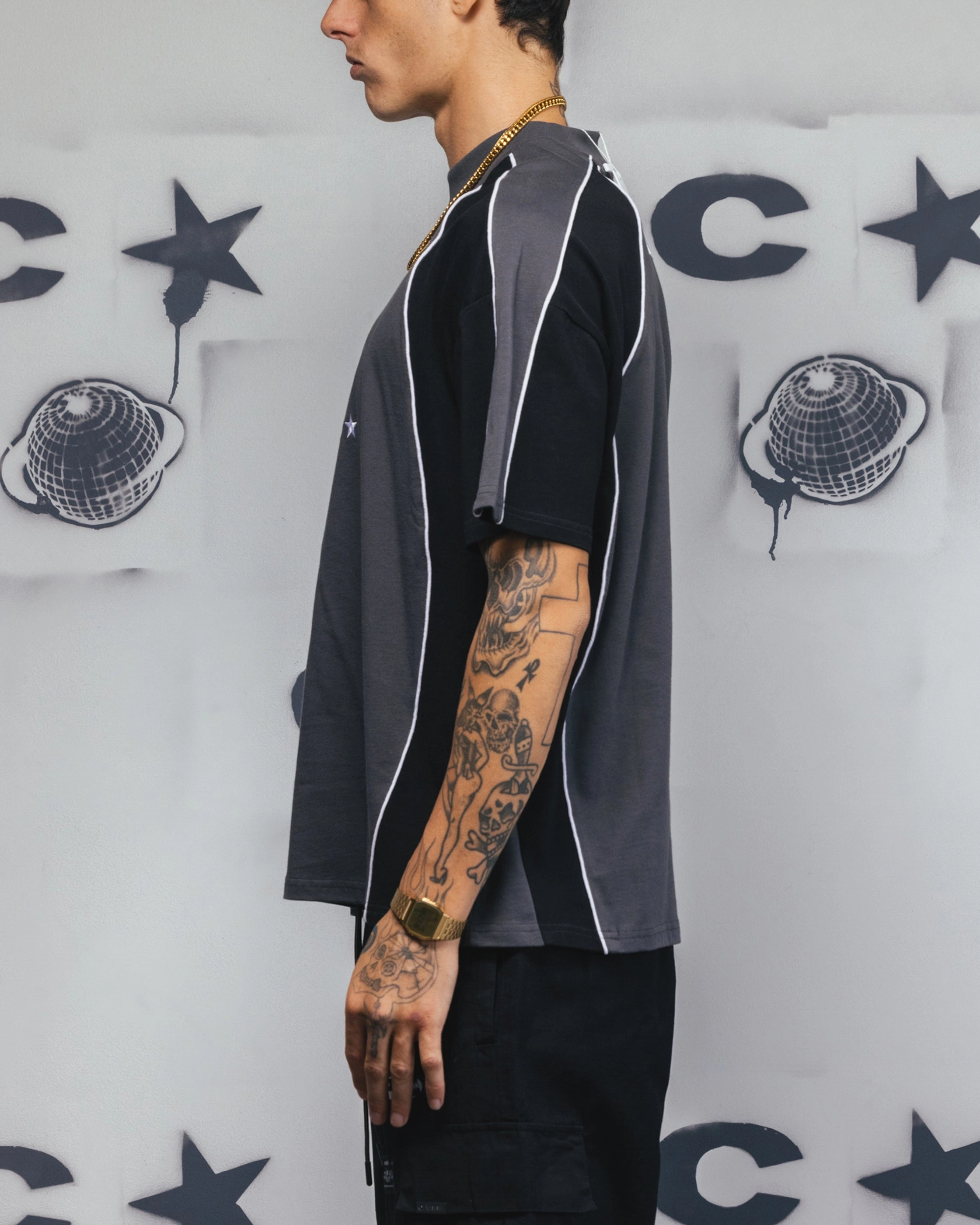 Carre Vortex Panelled T-Shirt Grey/Black Ribbed Trims