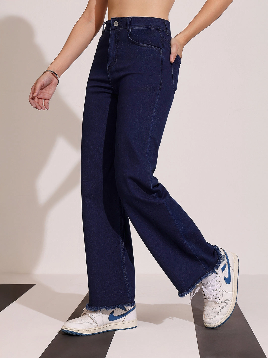 Women's Navy Blue Wide-Leg High-Rise Clean-Look Regular-Length Stretchable Denim Jeans Outfit Ready Style