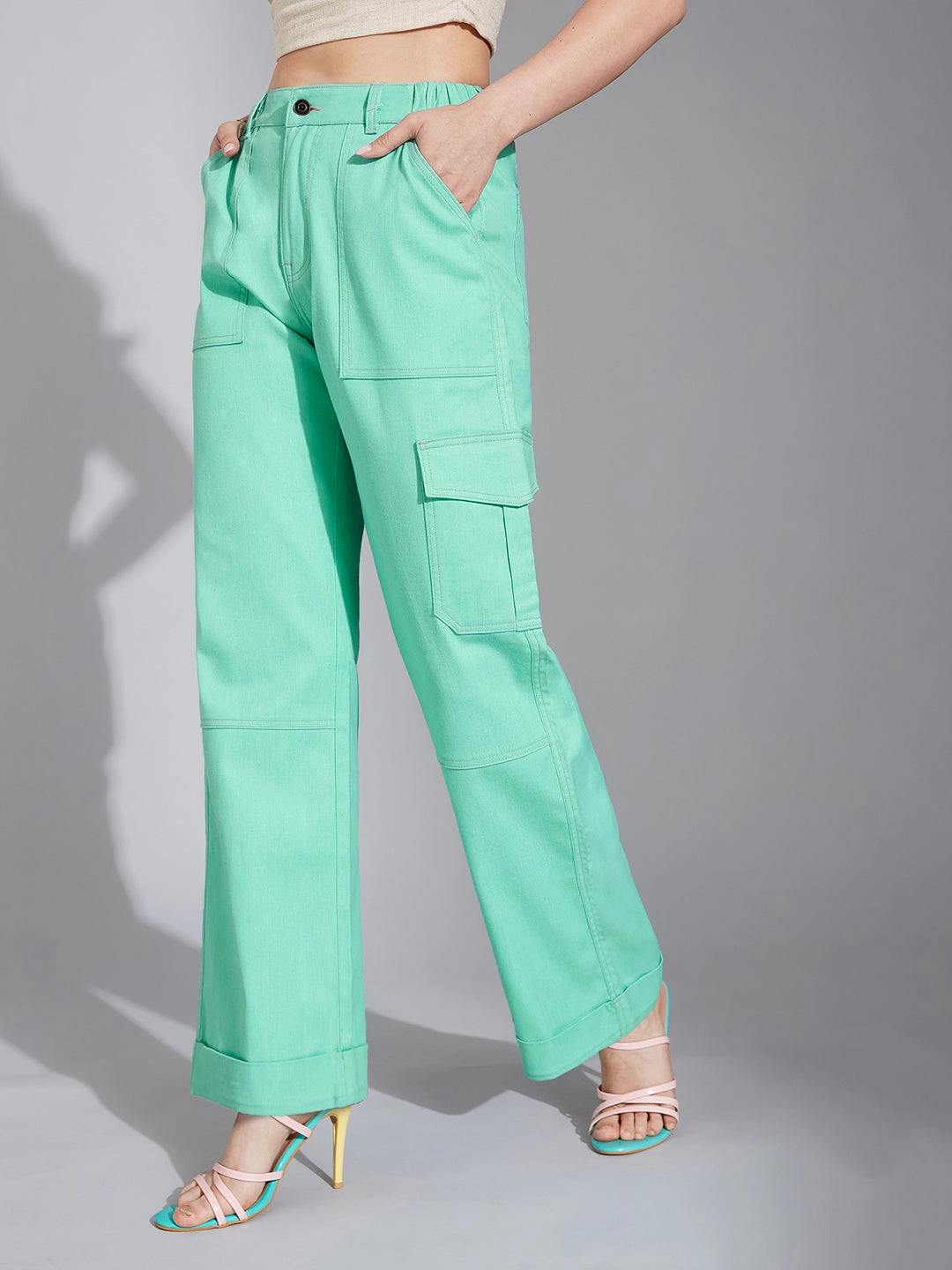 Women's Turquoise Wide-Leg High-Rise Clean-Look Stretchable Denim Pants Relaxed Style Bold