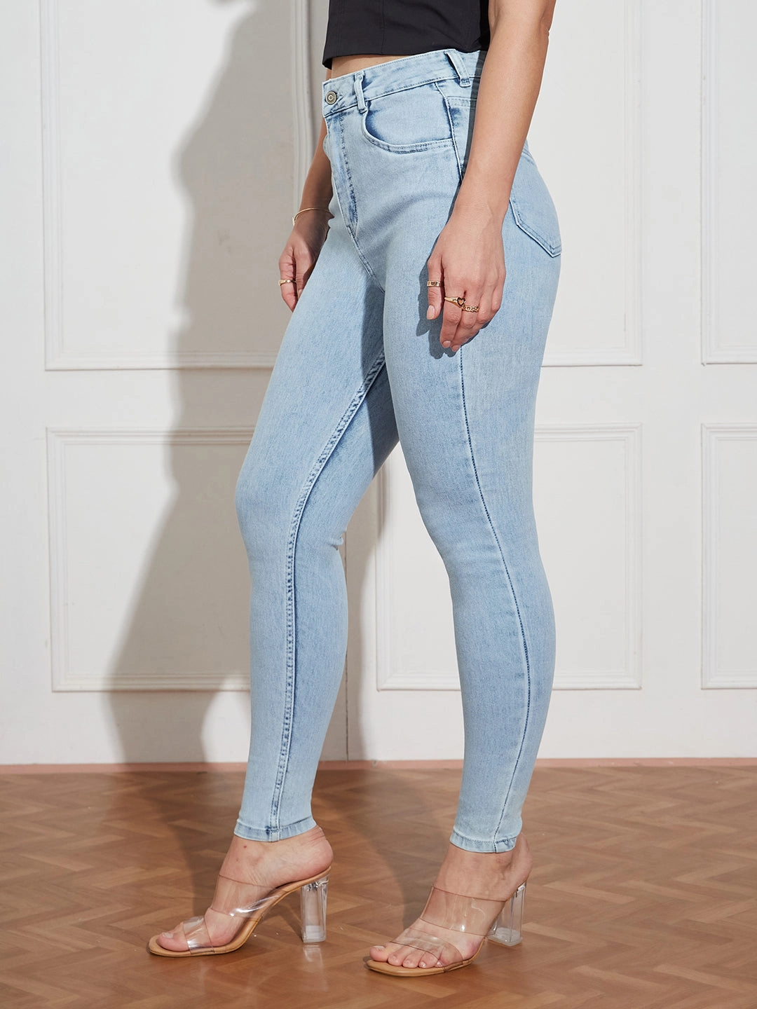 Trendy Evening Stroll Daily Essential Women's Blue Skinny-Fit High-Rise Clean-Look Regular-Length Stretchable Denim Jeans