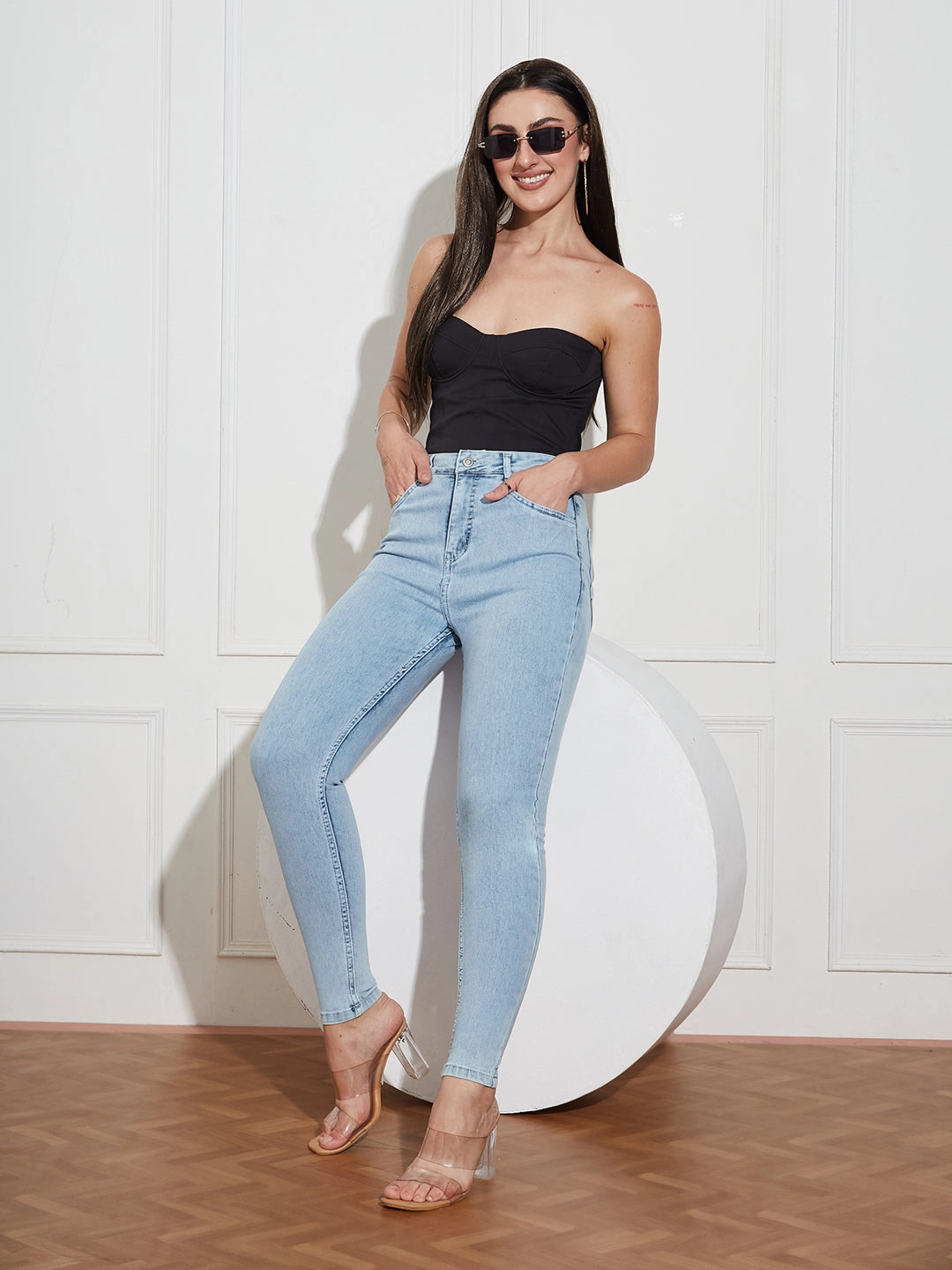 Women's Blue Skinny-Fit High-Rise Clean-Look Regular-Length Stretchable Denim Jeans Sustainable Manufacturing