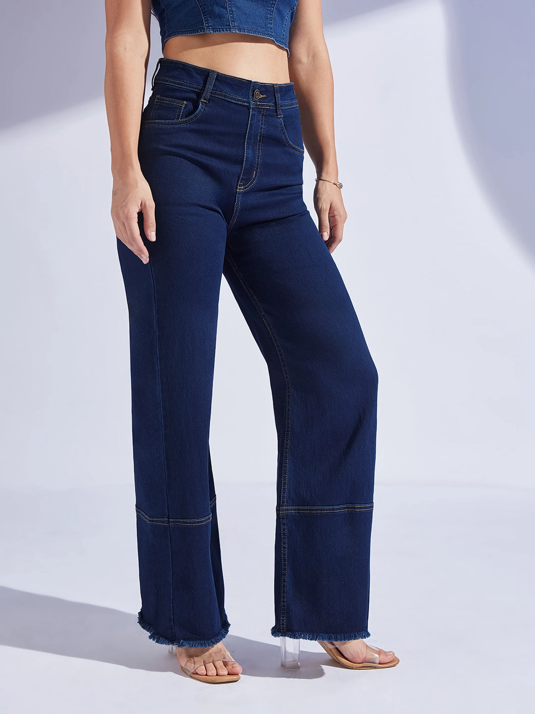 Music Event Smooth Casual Functional Style Women's Navy Blue Wide Leg High-Rise Regular-Length Stretchable Denim Jeans