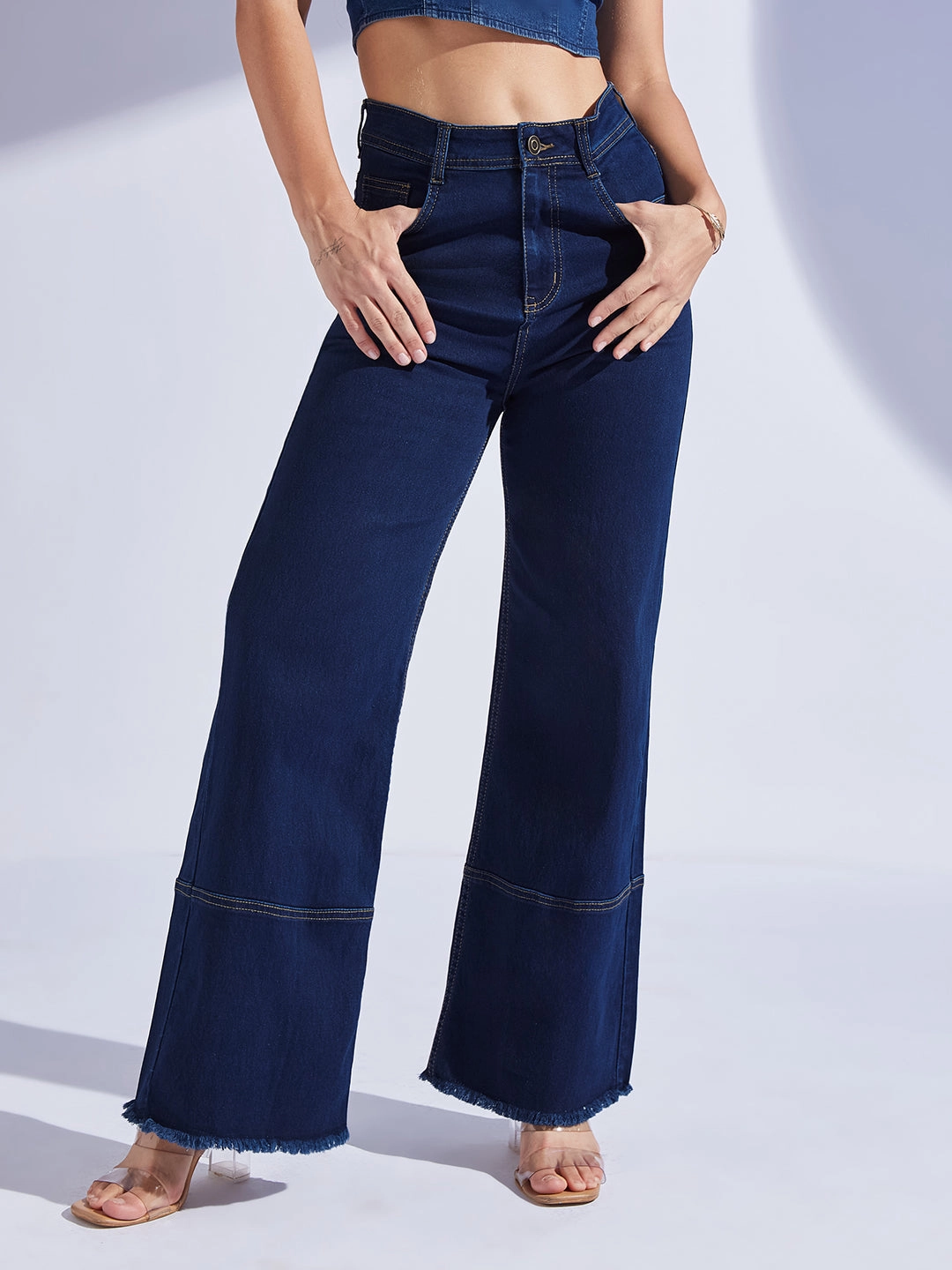 Women's Navy Blue Wide Leg High-Rise Regular-Length Stretchable Denim Jeans Quick Wash