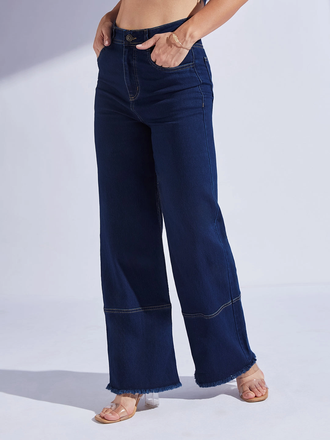 Artist Vibe Comfy Women's Navy Blue Wide Leg High-Rise Regular-Length Stretchable Denim Jeans