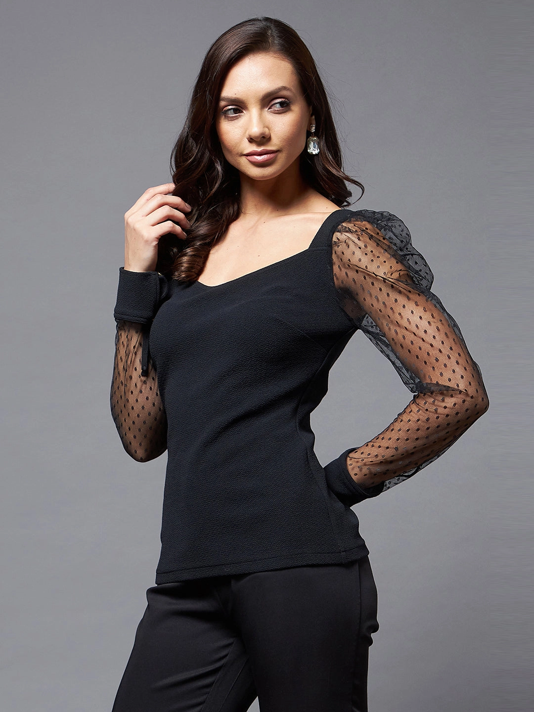 Crease Ease Women's Black Solid V-Neck Full Sleeve Relaxed Fit Regular Top RibbedNeckline Sporty Sweatshirt