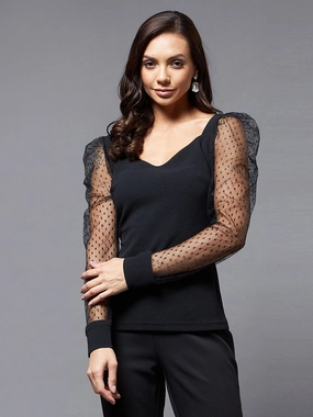Crease Ease Women's Black Solid V-Neck Full Sleeve Relaxed Fit Regular Top Gym Wear