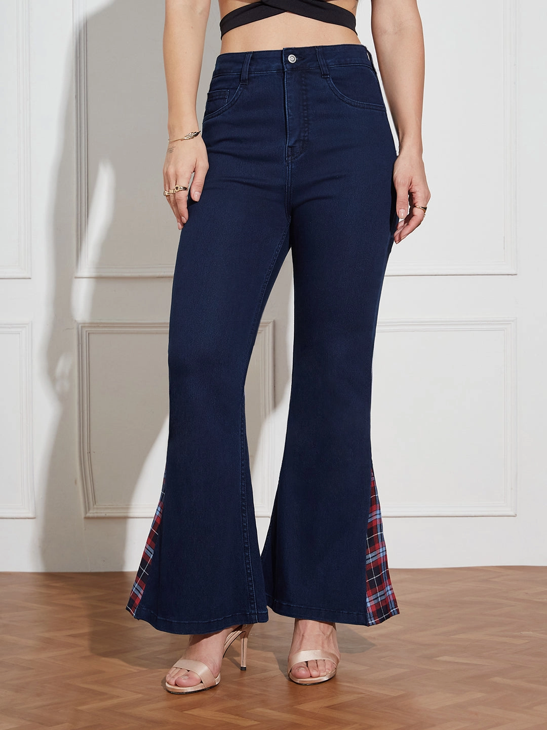 Women's Navy Blue High Rise Clean LooK Stretchable Denim Bootcut Jeans Creative Look Elegant Road Trip Modern Minimalist Urban Explorer