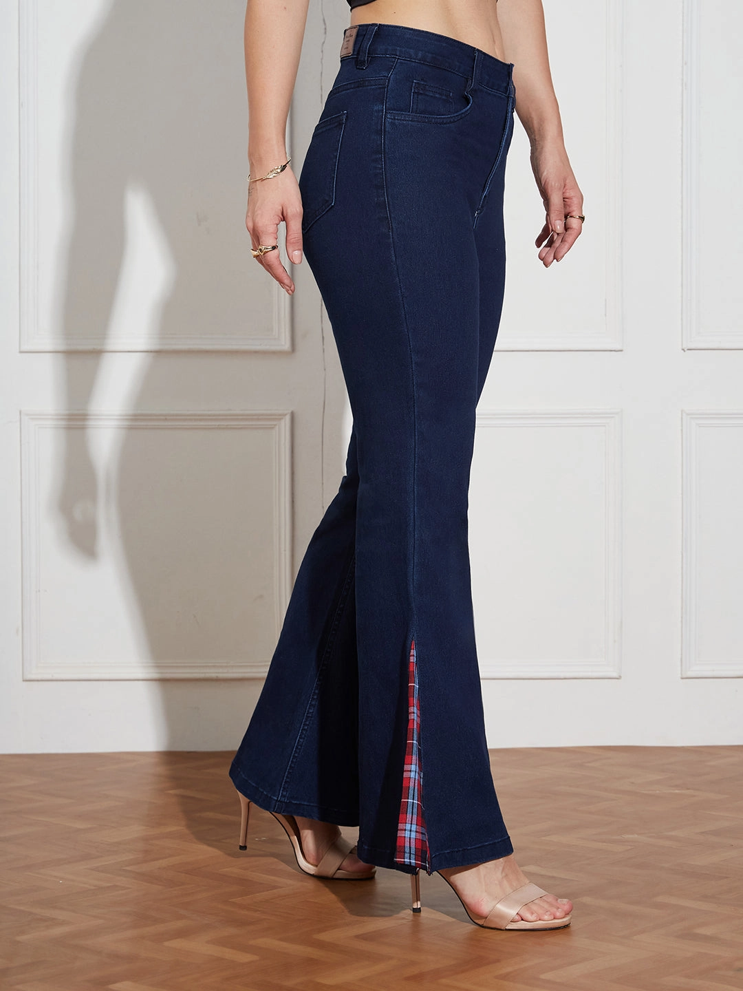 Women's Navy Blue High Rise Clean LooK Stretchable Denim Bootcut Jeans Subtle Look Perfect Match