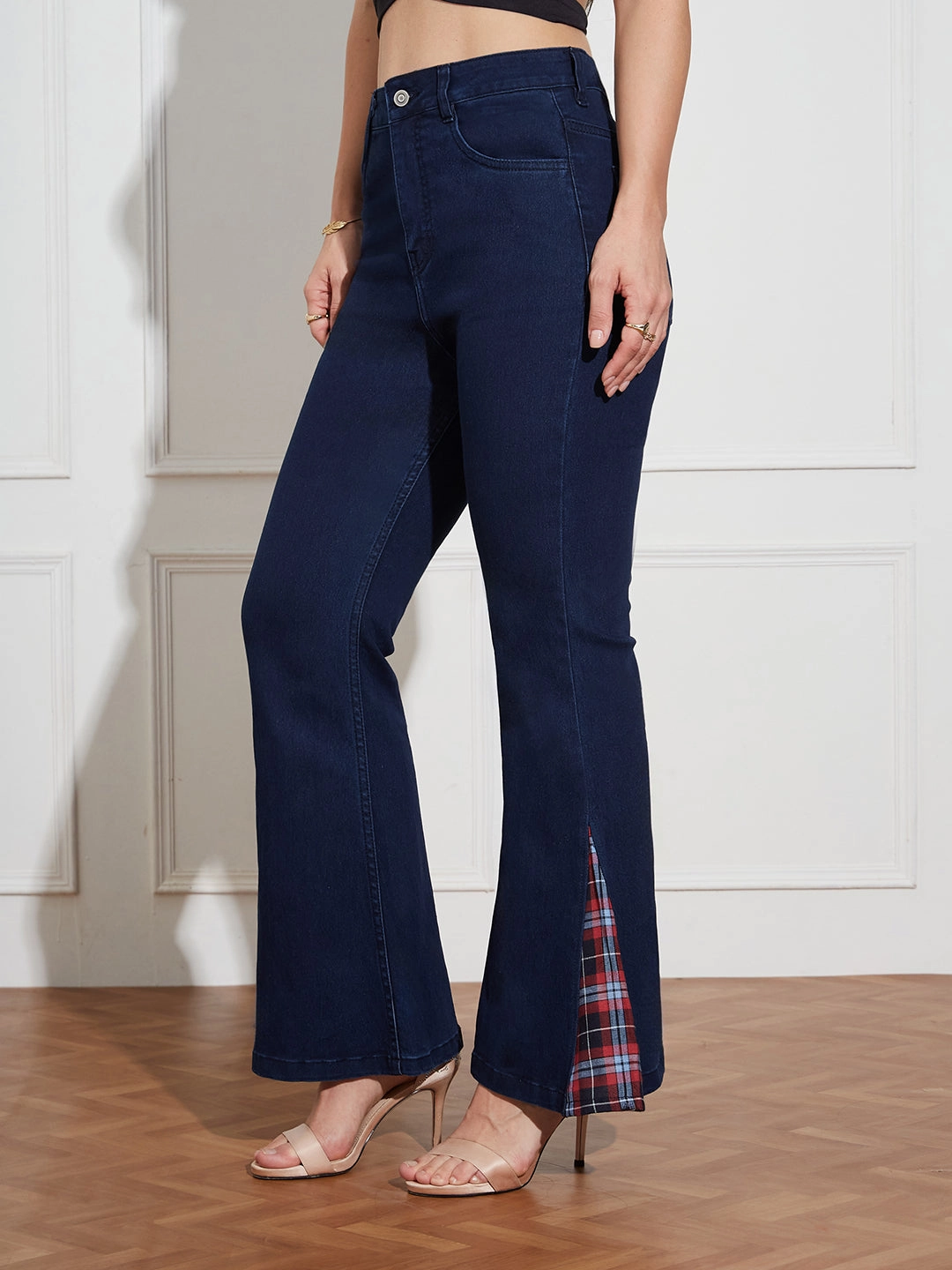 Women's Navy Blue High Rise Clean LooK Stretchable Denim Bootcut Jeans Layered Basics Utility Look