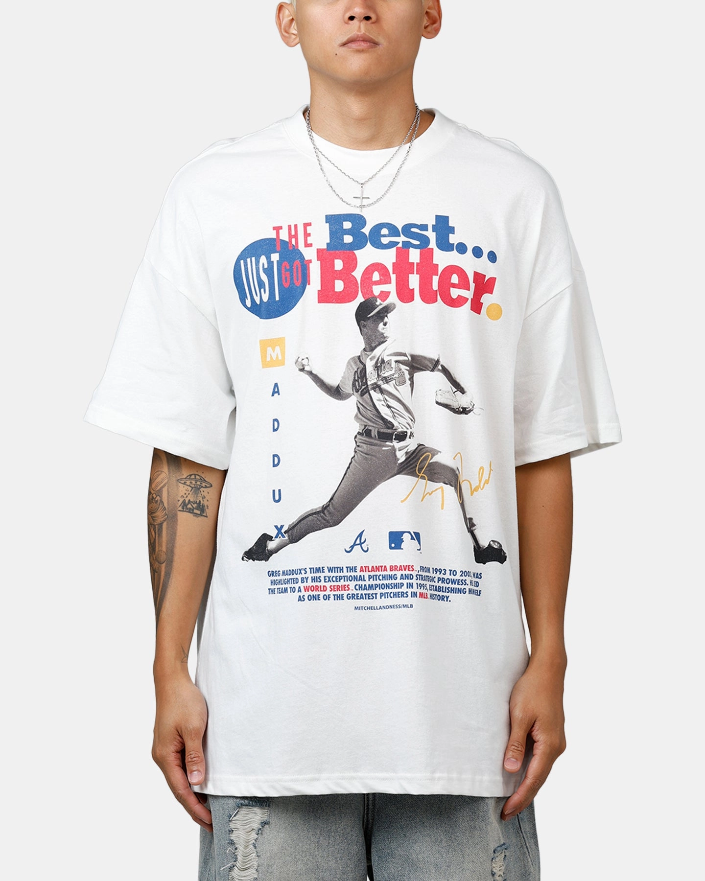 AntiPill Texture Mitchell & Ness Atlanta Braves Gregory "Mad Dog" Maddux Got Better T-Shirt Vintage White