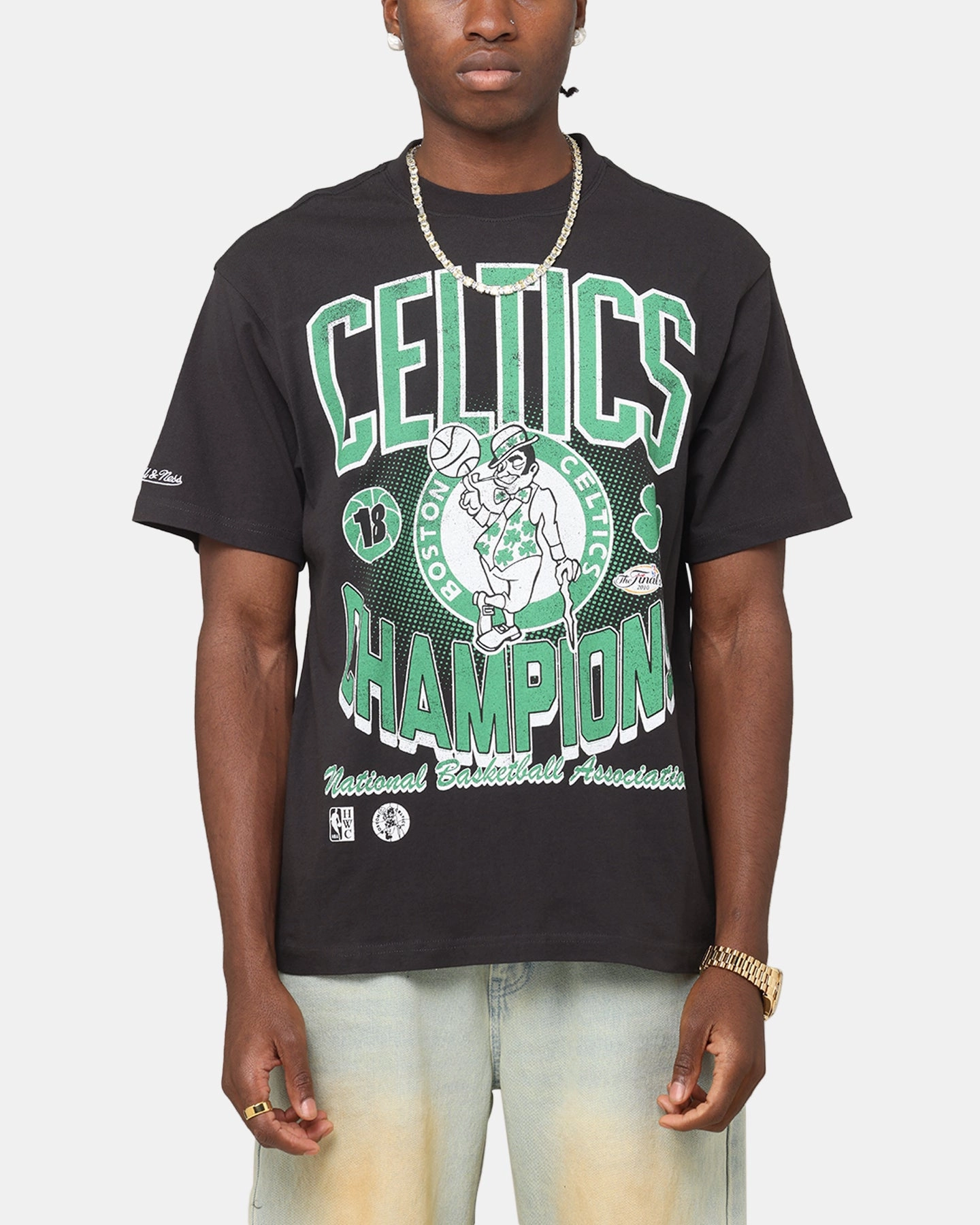 Mitchell & Ness Boston Celtics Champions 'Luck of the Irish' T-Shirt Faded Black Minimalist Cuff V-neck Blouse