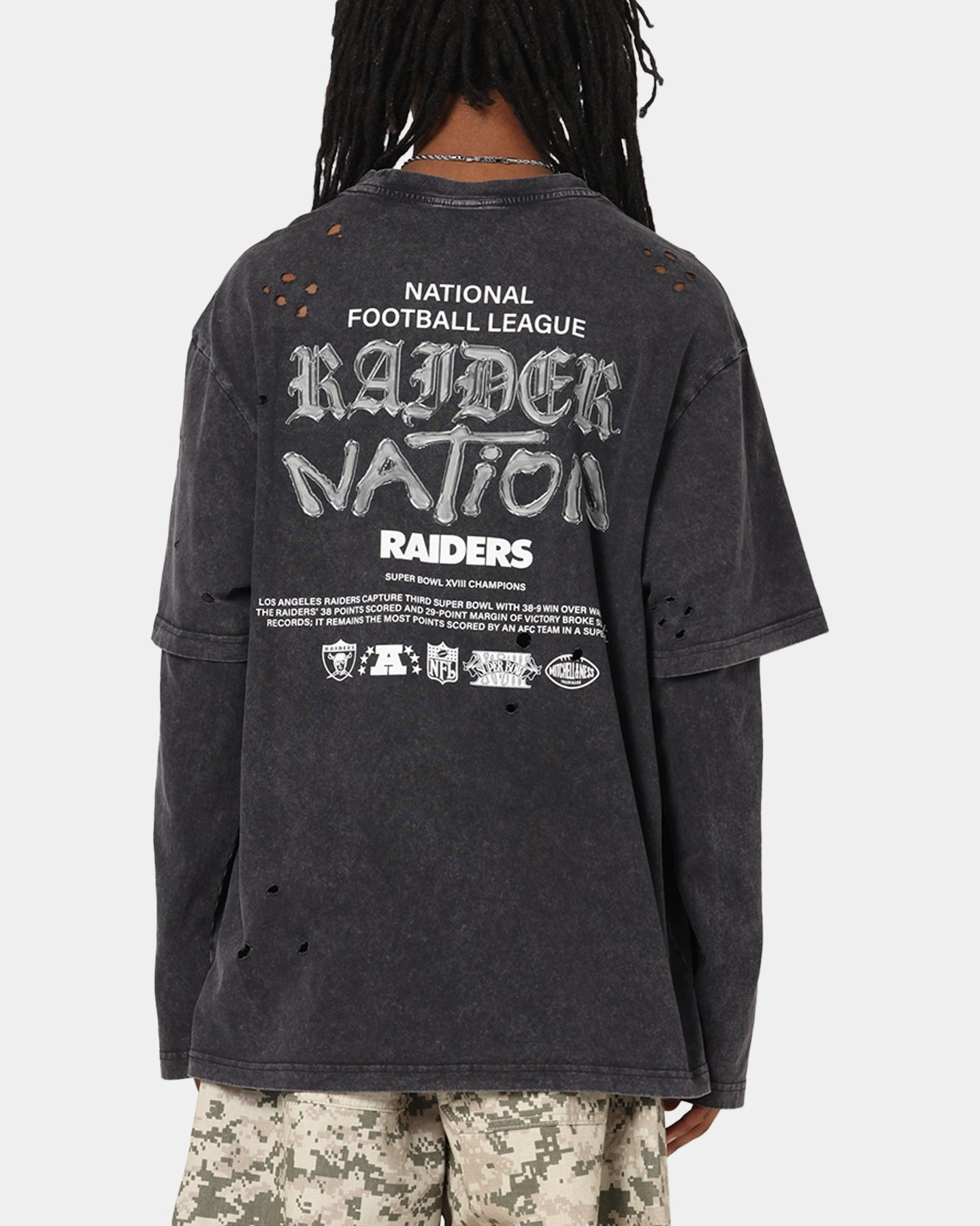 Mitchell & Ness Las Vegas Raiders Chromed Mock Long Sleeve T-Shirt Faded Black Stretch Technology TailoredCut