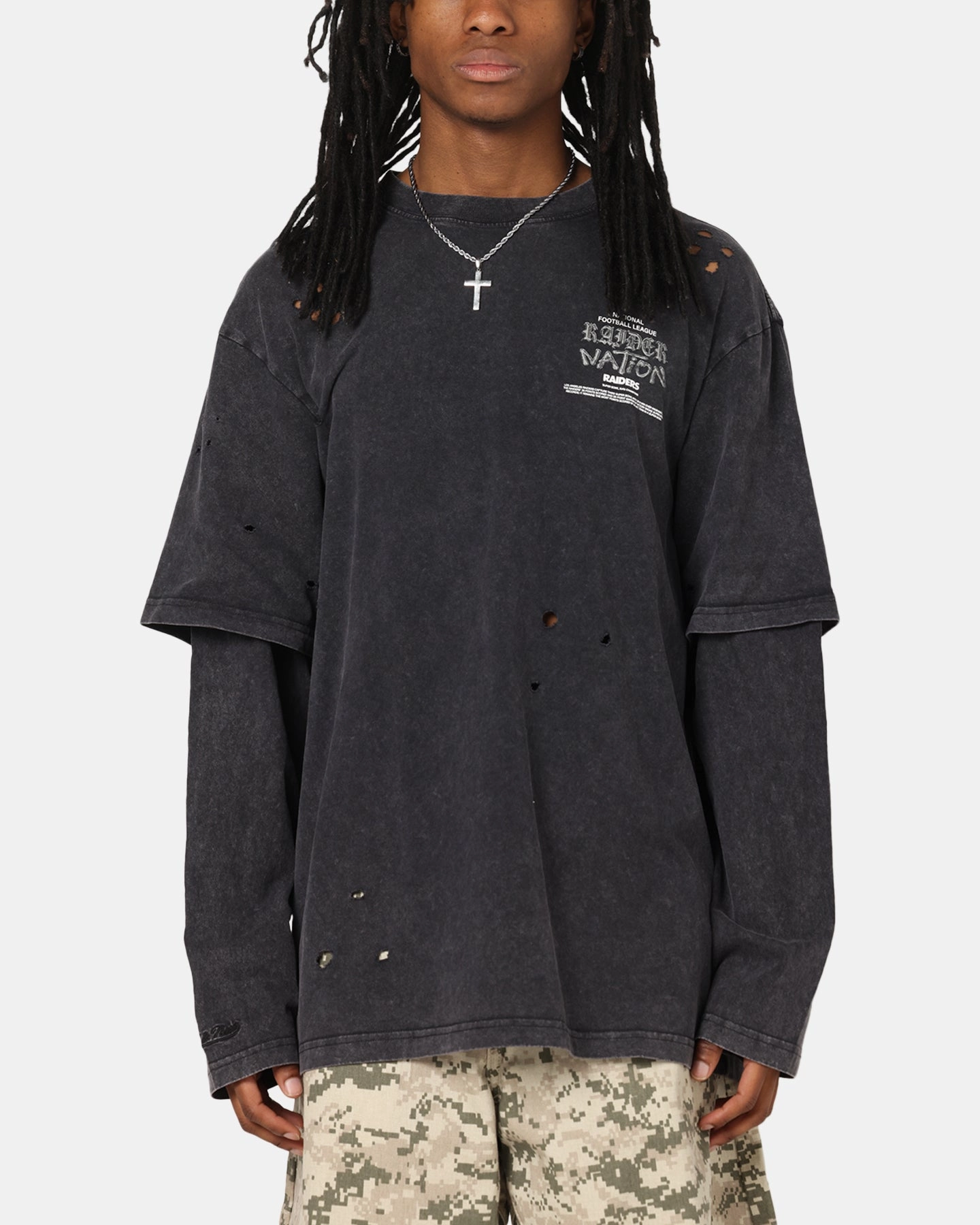 Mitchell & Ness Las Vegas Raiders Chromed Mock Long Sleeve T-Shirt Faded Black Breathable Linen Blend FlatlockSeamTechnique