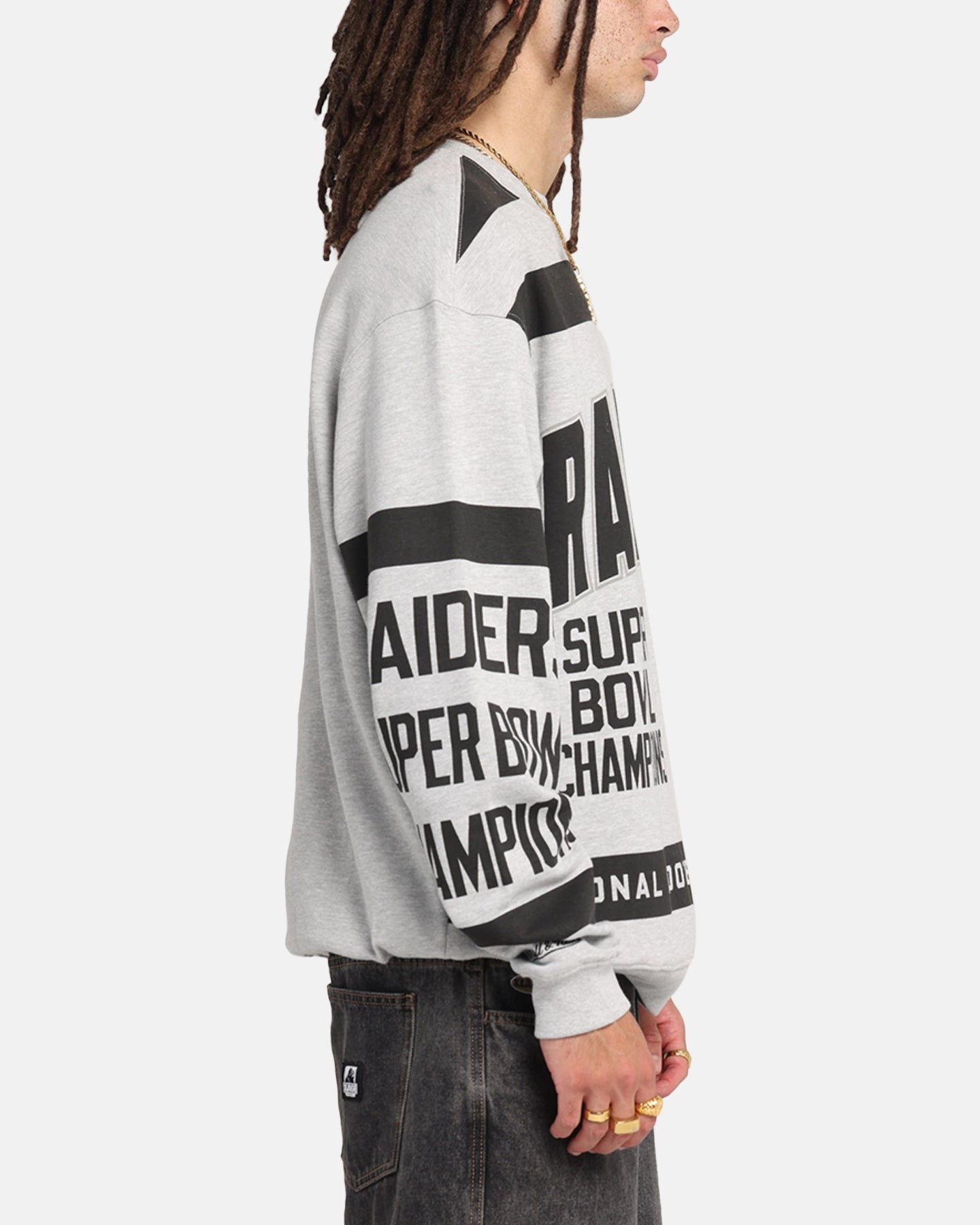 Yarn Dyed Stripes Mitchell & Ness Las Vegas Raiders Letterform Crewneck Grey Marle/Official Team Color