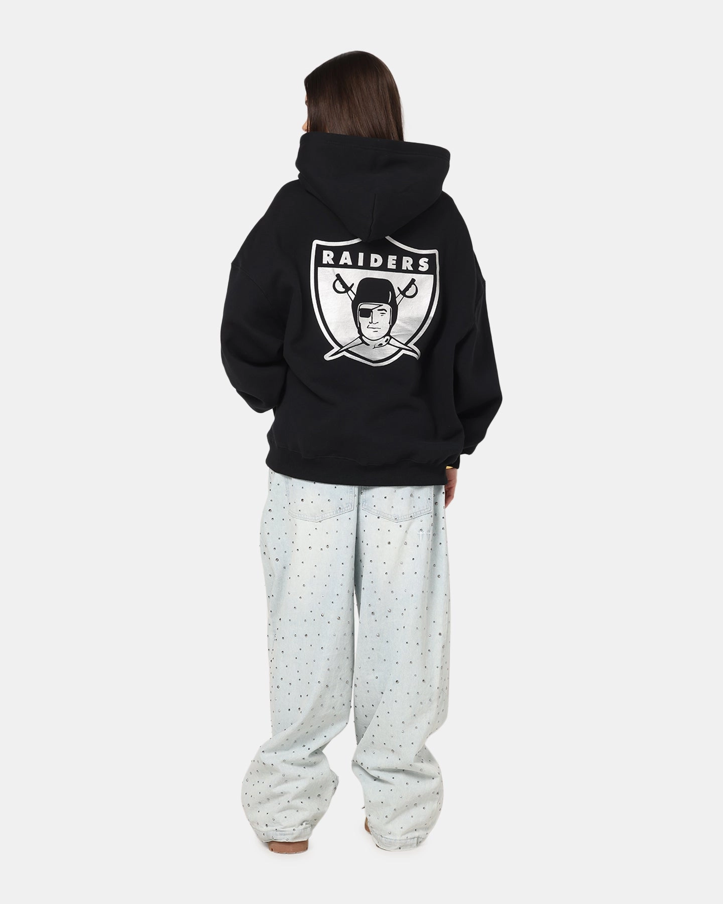 Comfy Cardigan Layered Hem Detailing Mitchell & Ness Las Vegas Raiders Rhinestone Hoodie Faded Black