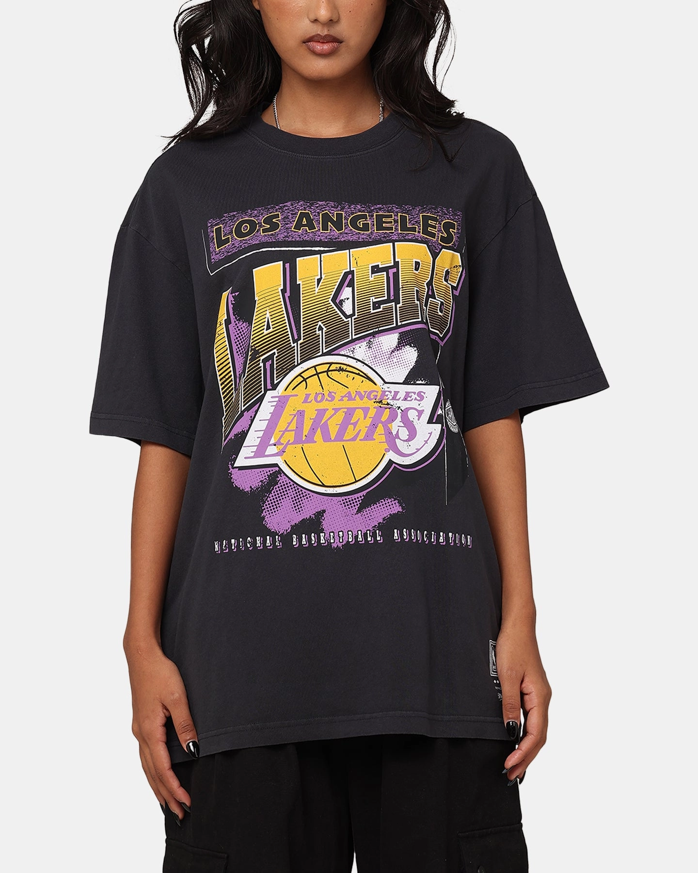 Mitchell & Ness Los Angeles Lakers Brush Off 2.0 T-Shirt Faded Black Lightweight Weave Elasticated Trim