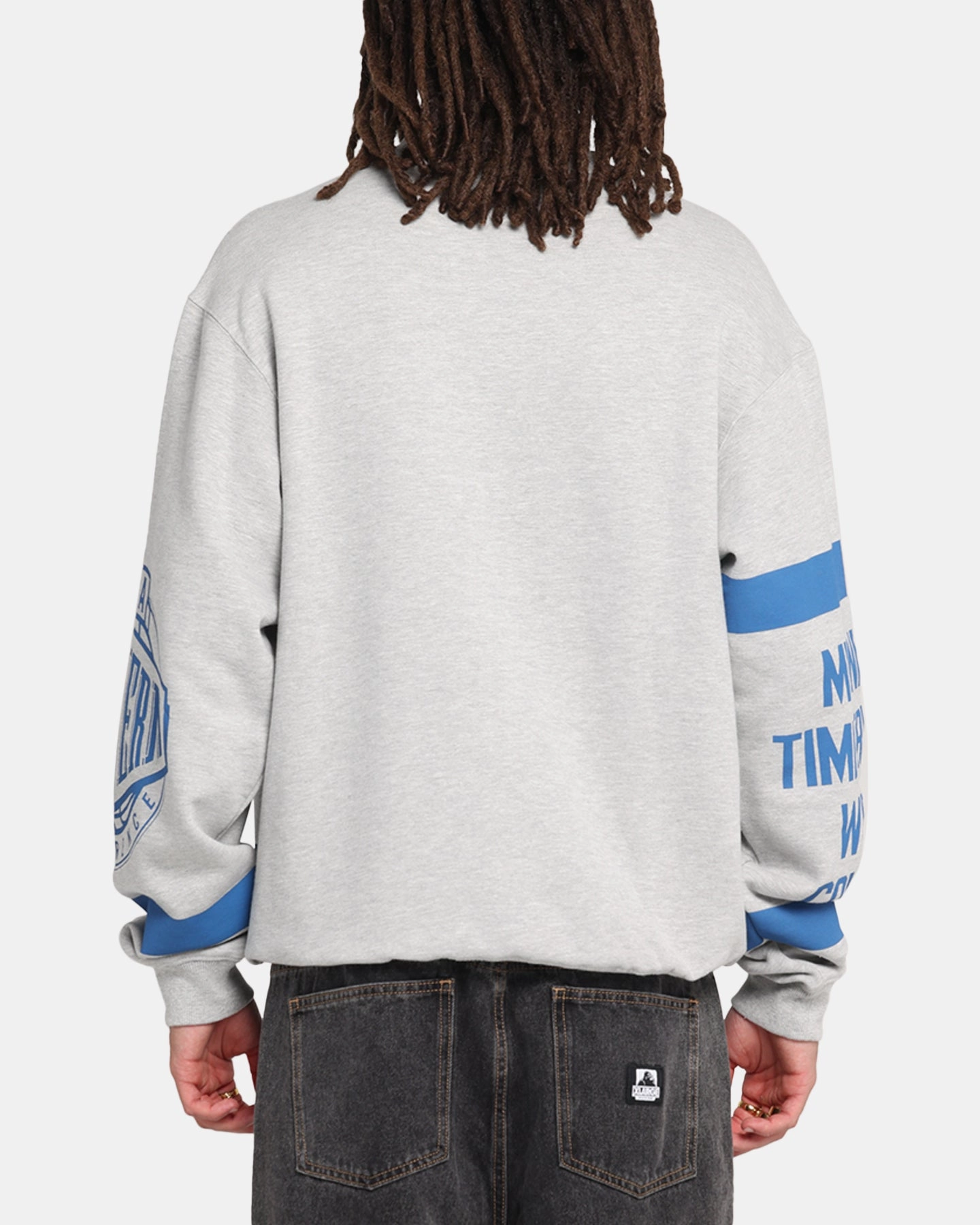 Drop Shoulder Design Mitchell & Ness Minnesota Timberwolves Letterform Crewneck Grey Marle/Official Team Color