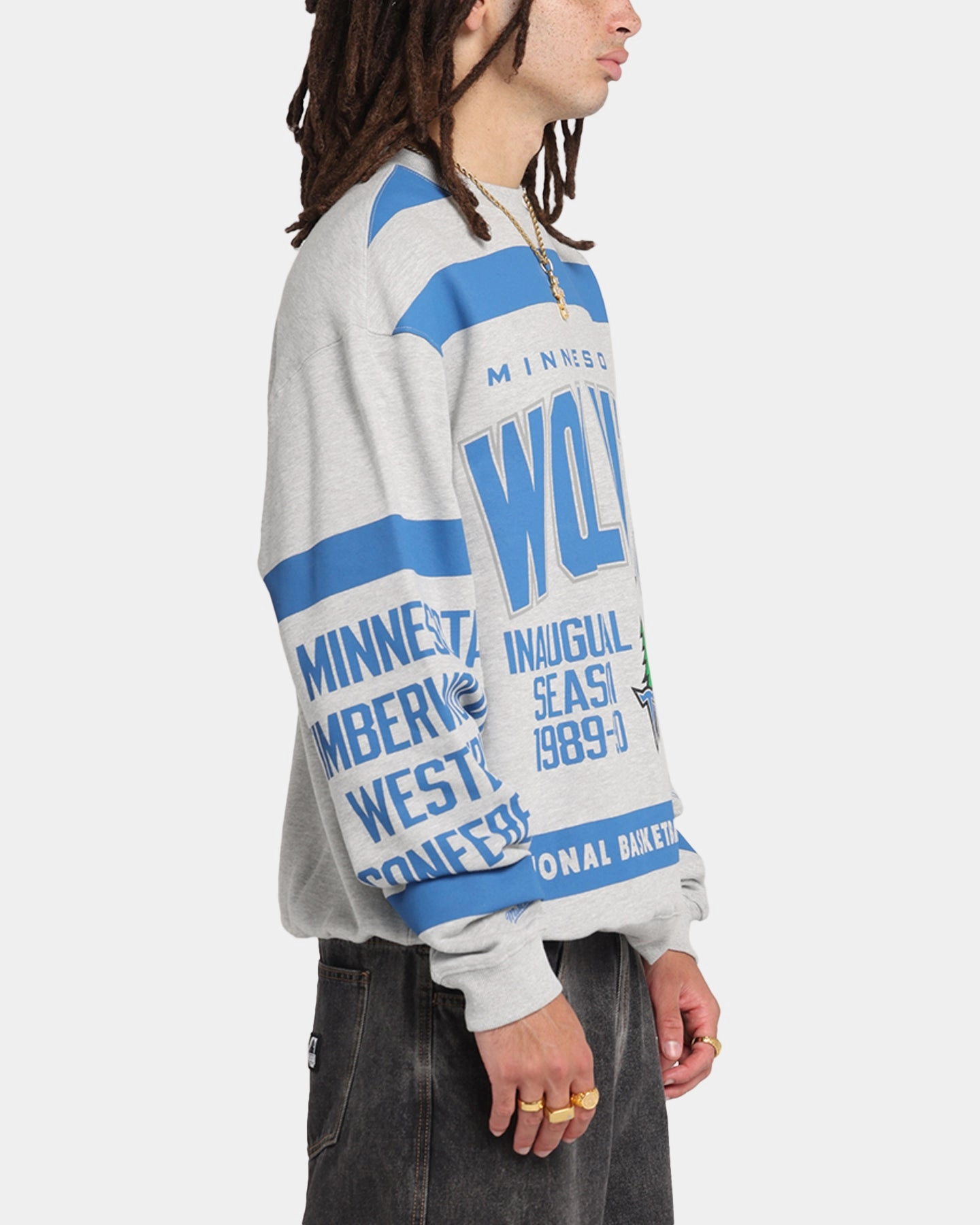 Stylish Dress Stretch Comfort Mitchell & Ness Minnesota Timberwolves Letterform Crewneck Grey Marle/Official Team Color