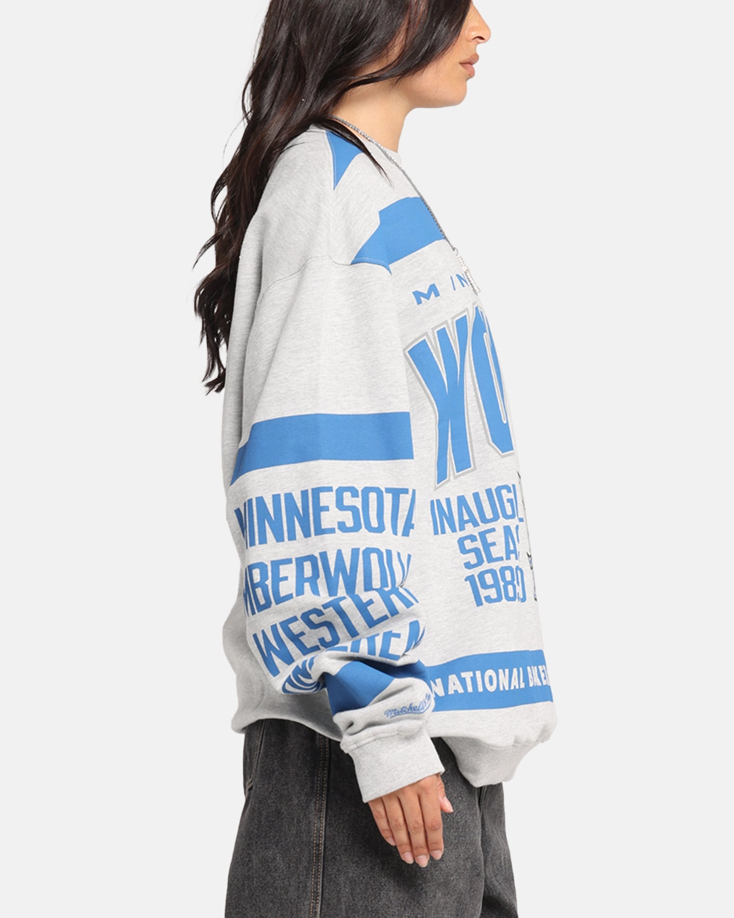 Office Look Mitchell & Ness Minnesota Timberwolves Letterform Crewneck Grey Marle/Official Team Color