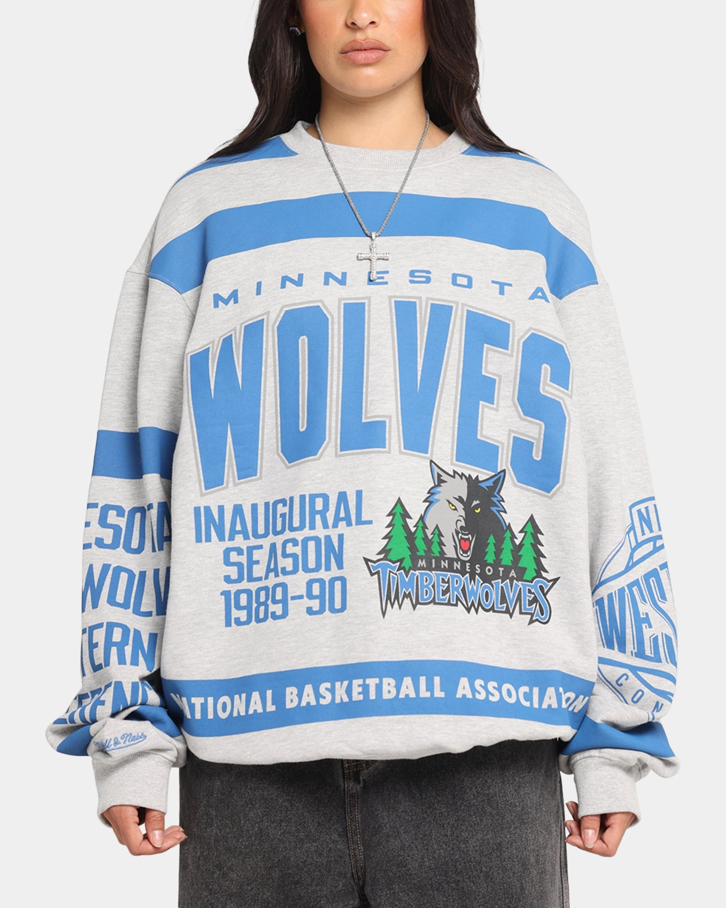 Mitchell & Ness Minnesota Timberwolves Letterform Crewneck Grey Marle/Official Team Color Tencel Cotton Hybrid Weave ContrastStitching