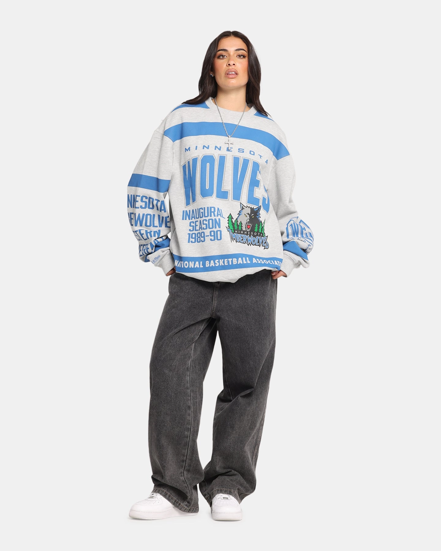 Mitchell & Ness Minnesota Timberwolves Letterform Crewneck Grey Marle/Official Team Color Yarn Dye Stripe Cozy Knit